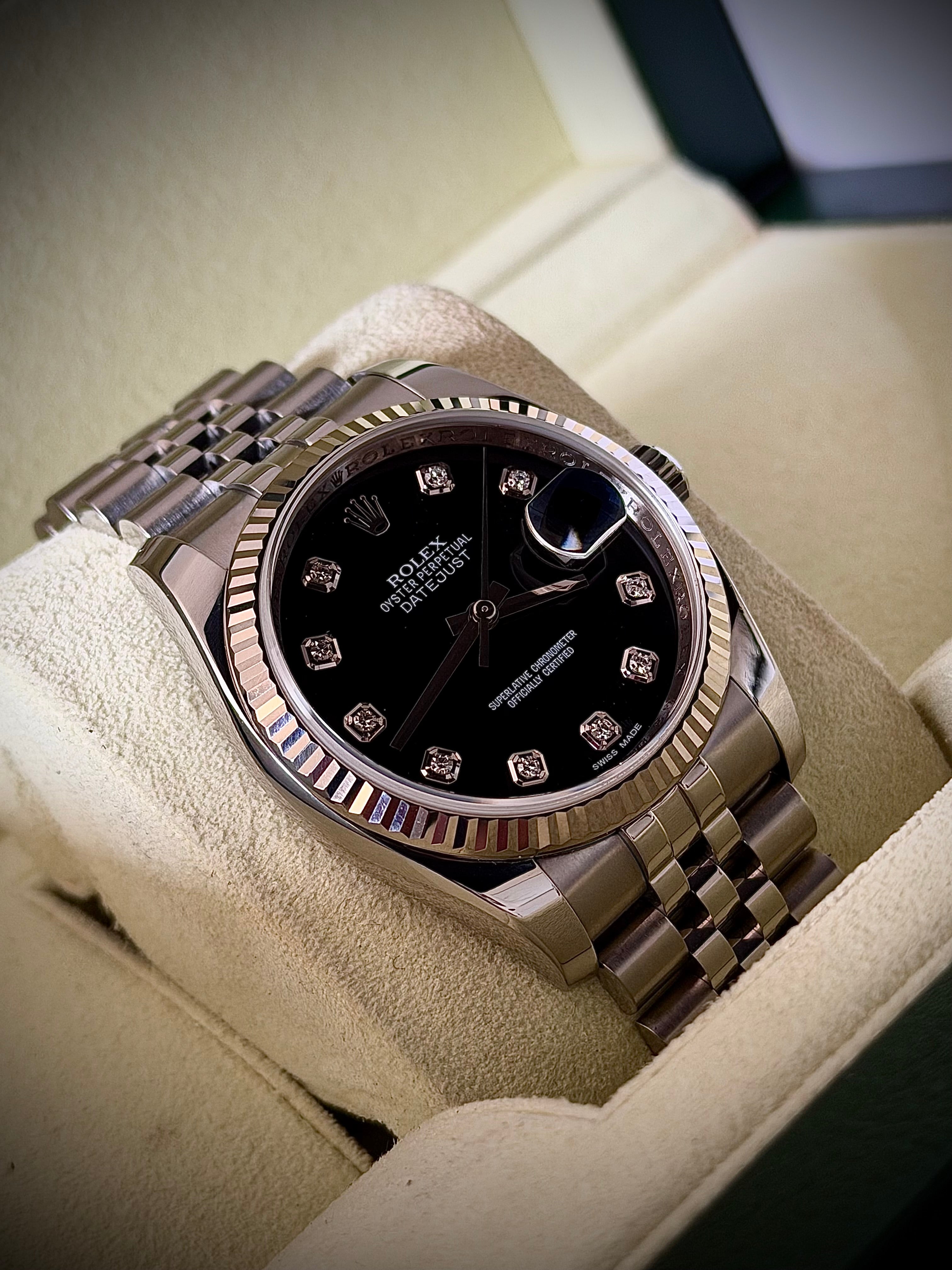 2012 ROLEX DATEJUST 36, 116234, BLACK DIAMOND DIAL, FULL SET, INC GST