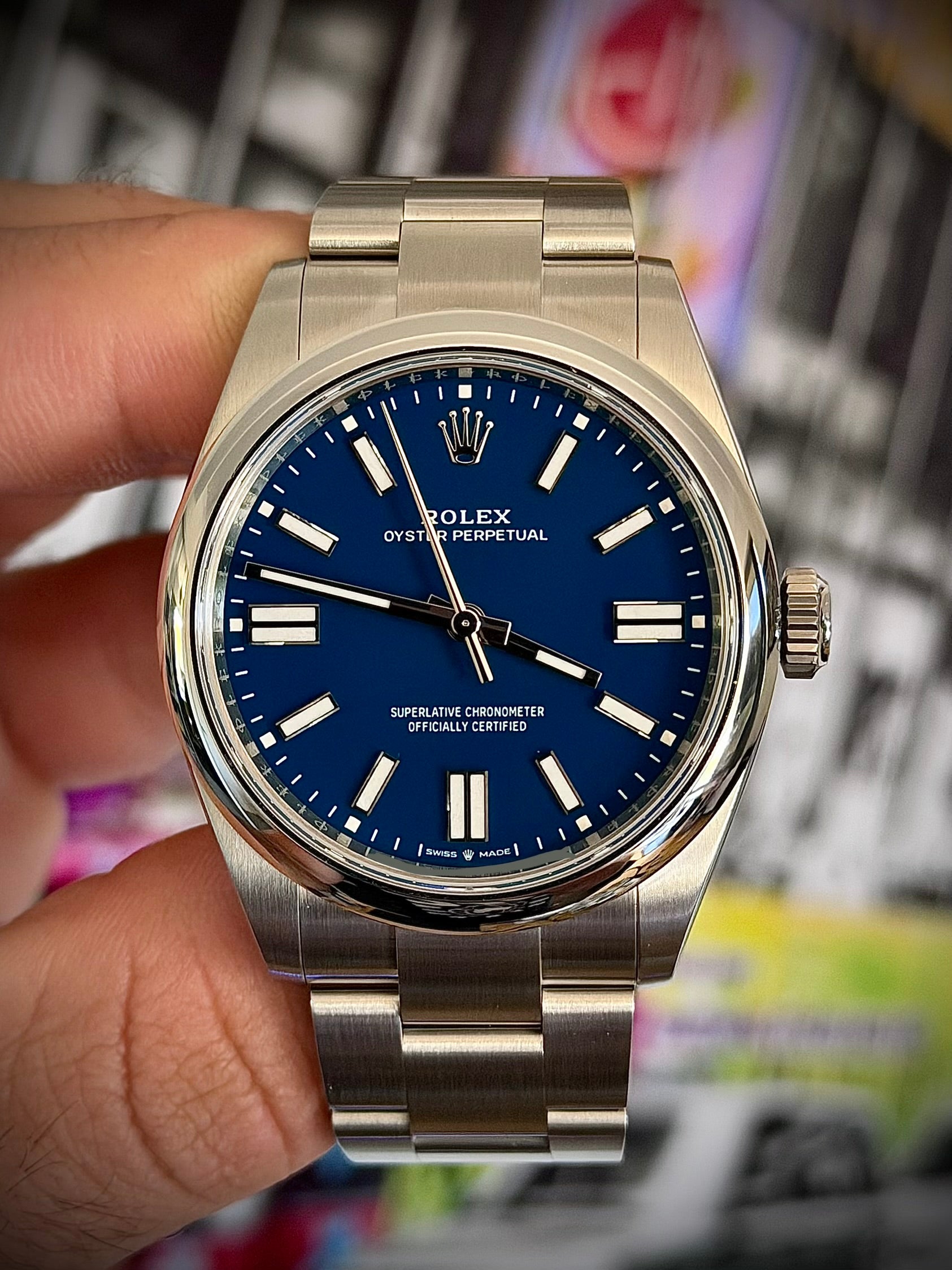 2025 ROLEX OYSTER PERPETUAL 41, MED BLUE DIAL, FULL SET, INC GST