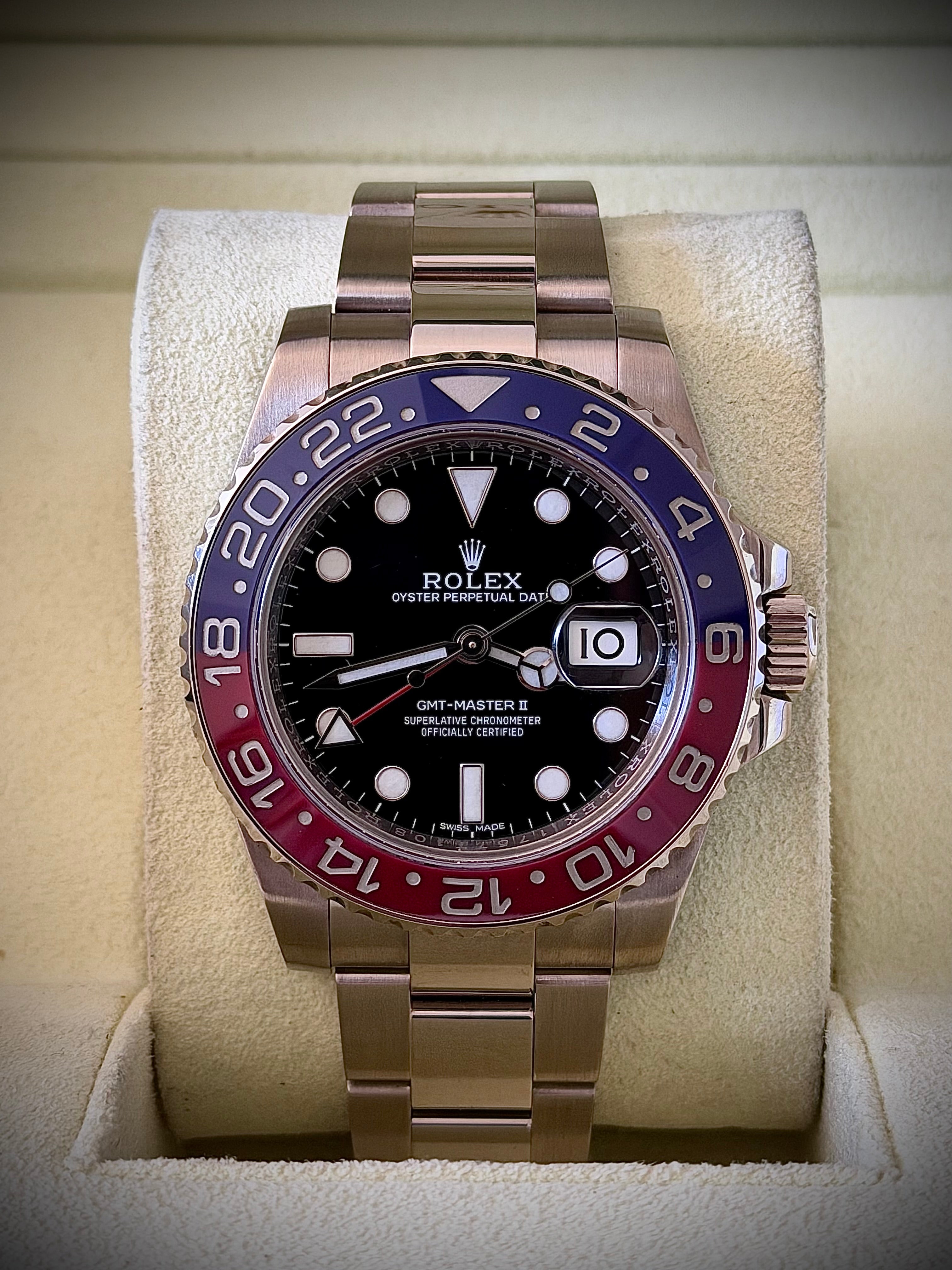 2015 ROLEX GMT MASTER II, PEPSI, WHITE GOLD, BLACK DIAL, 116719BLRO, BOX AND PAPERS, INC GST