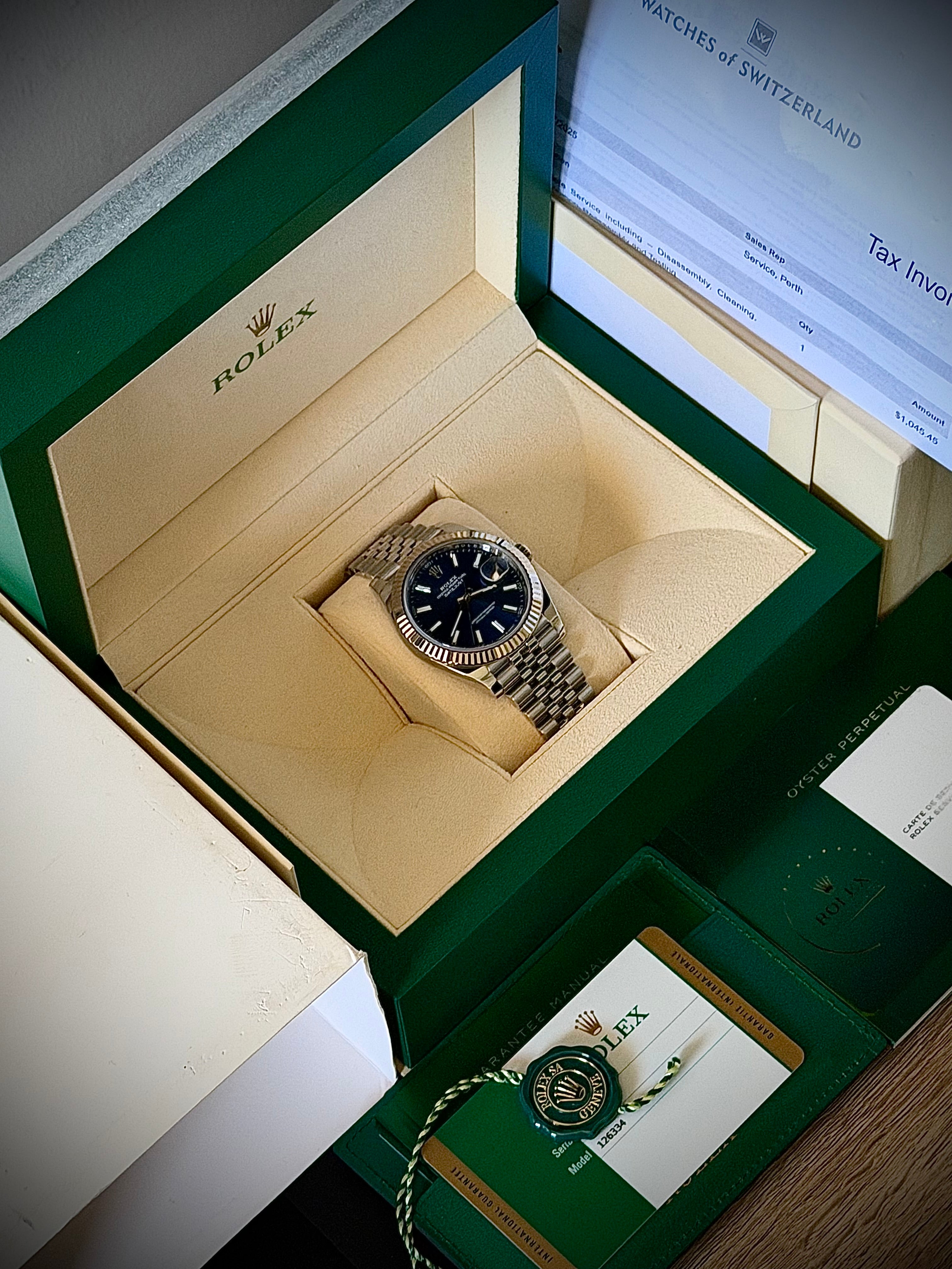 2019 ROLEX DATEJUST 41, BLUE DIAL, FLUTED BEZEL, JUBILEE BRACELET, ORIGINAL INVOICE, 2025 RSC SERVICE, FULL SET, INC GST