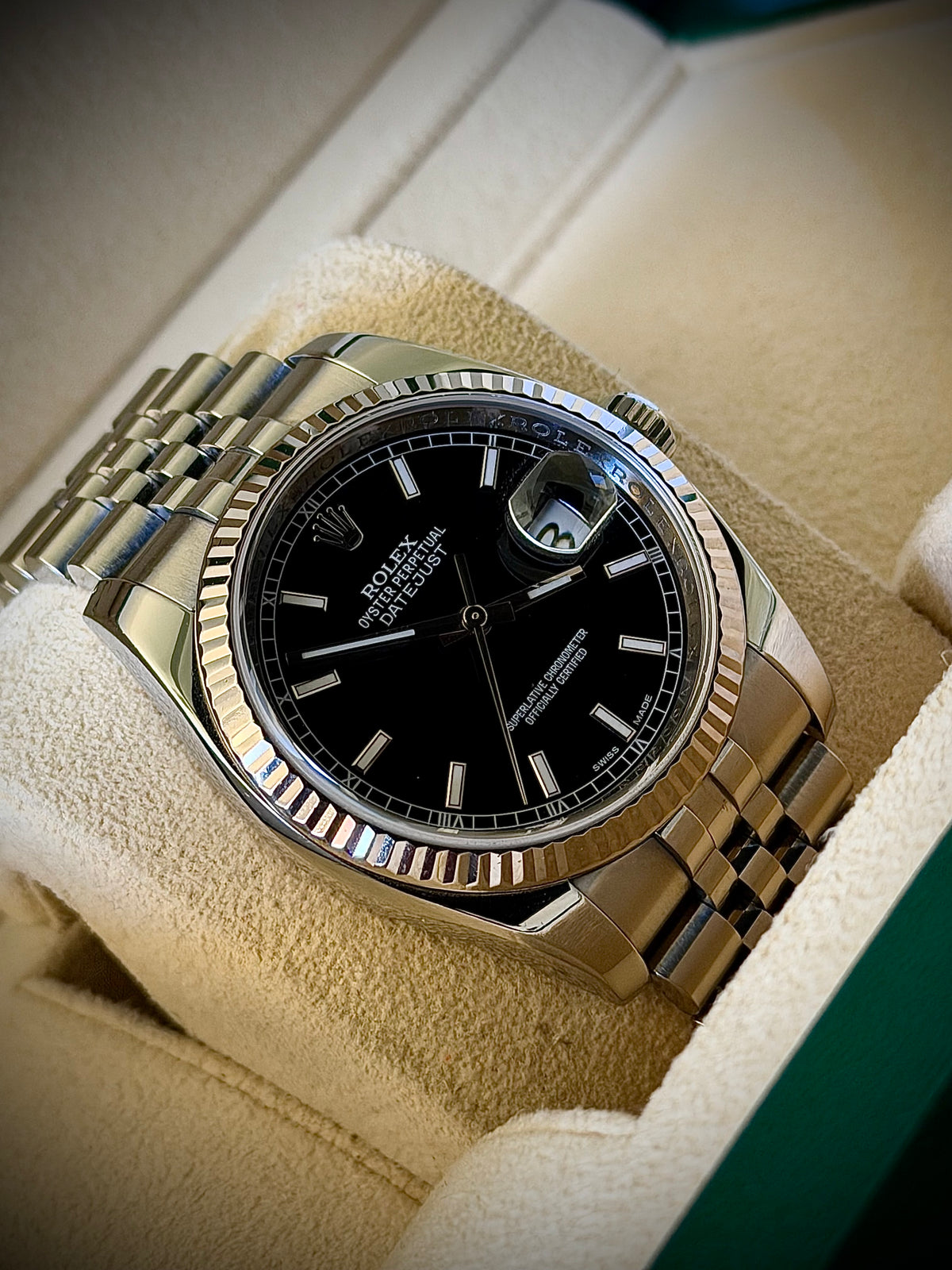 2009 ROLEX DATEJUST 36, 116234, FLUTED BEZEL, SUPER JUBILEE BRACELET, ROULETTE DATE WHEEL, WATCH ONLY, INC GST