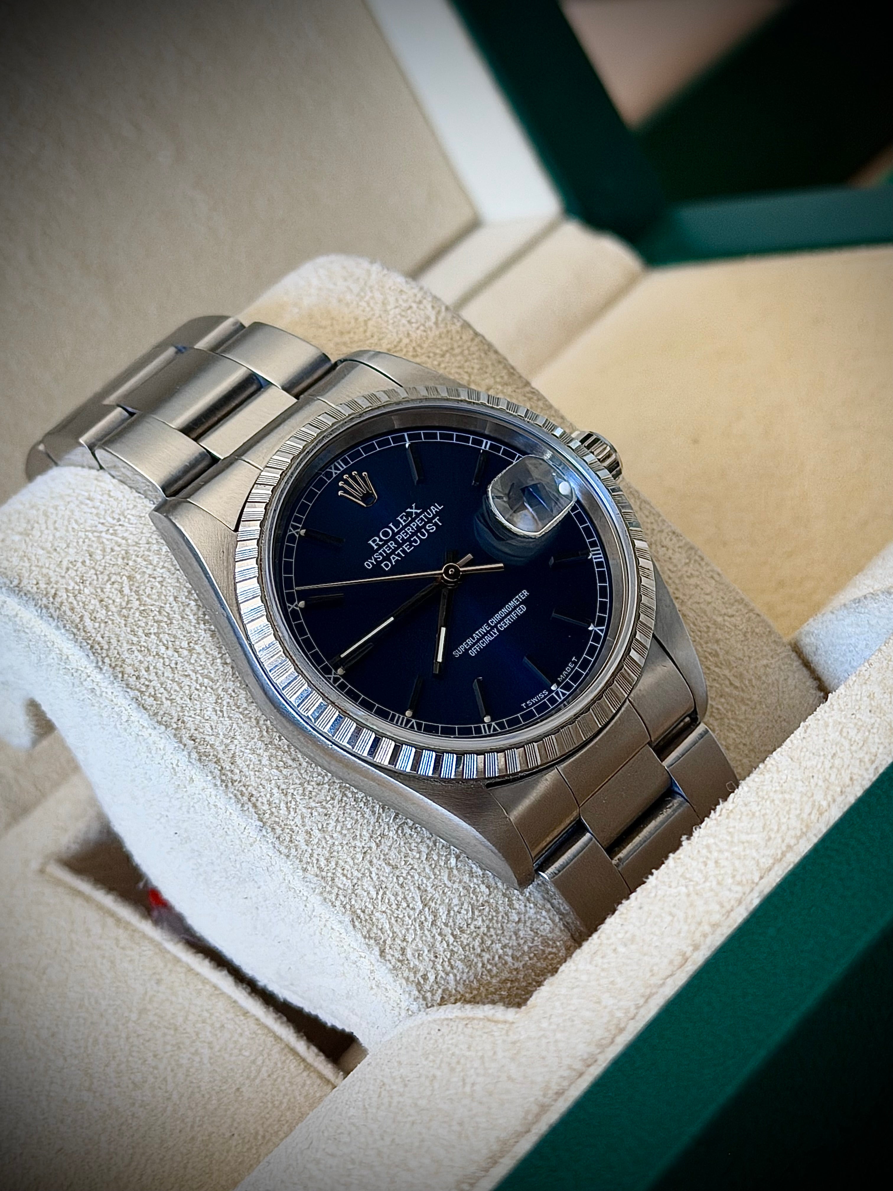 1997 ROLEX DATEJUST 36, 16220, BLUE DIAL, ENGINE-TURNED BEZEL, BOX & PAPERS, INC GST