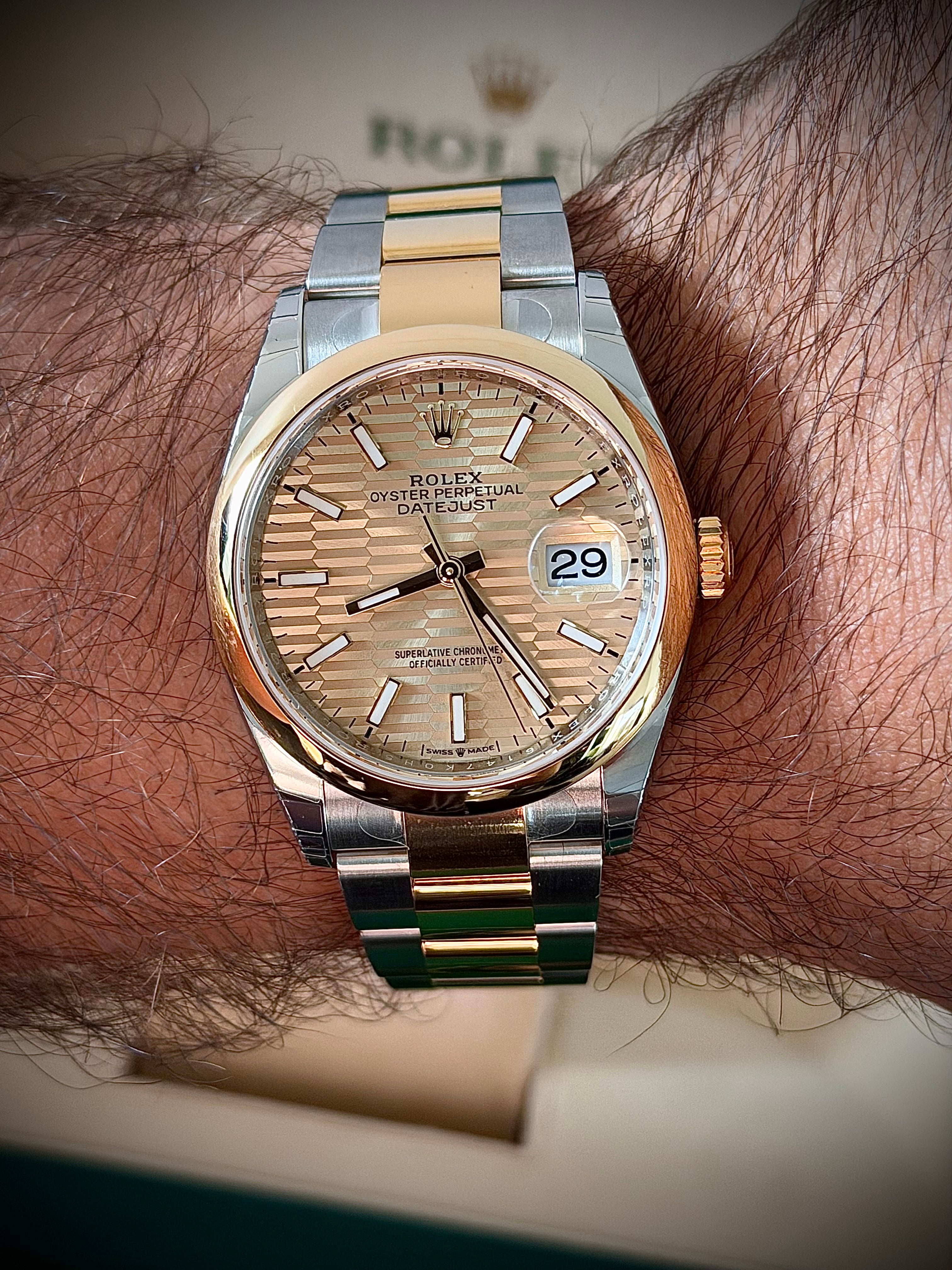 2022 ROLEX DATEJUST 36 TWO TONE, BRAND NEW FACTORY STICKERED, CHAMPAGNE MOTIF DIAL, 126203, FULL SET, INC GST