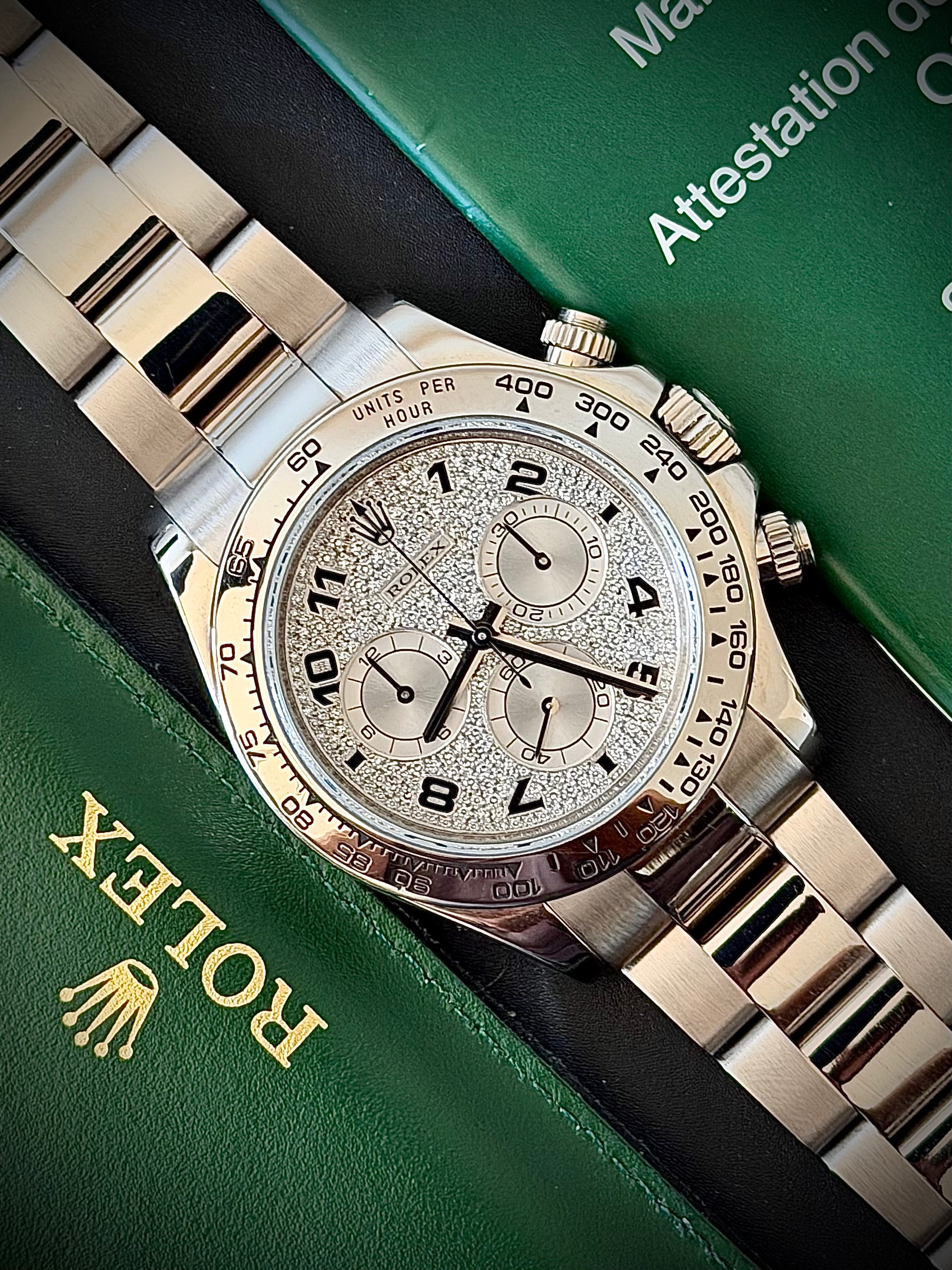2008 ROLEX DAYTONA 18CT WHITE GOLD, 116509, FACTORY DIAMOND PAVÉ ARABIC DIAL, FULL SET, INC GST