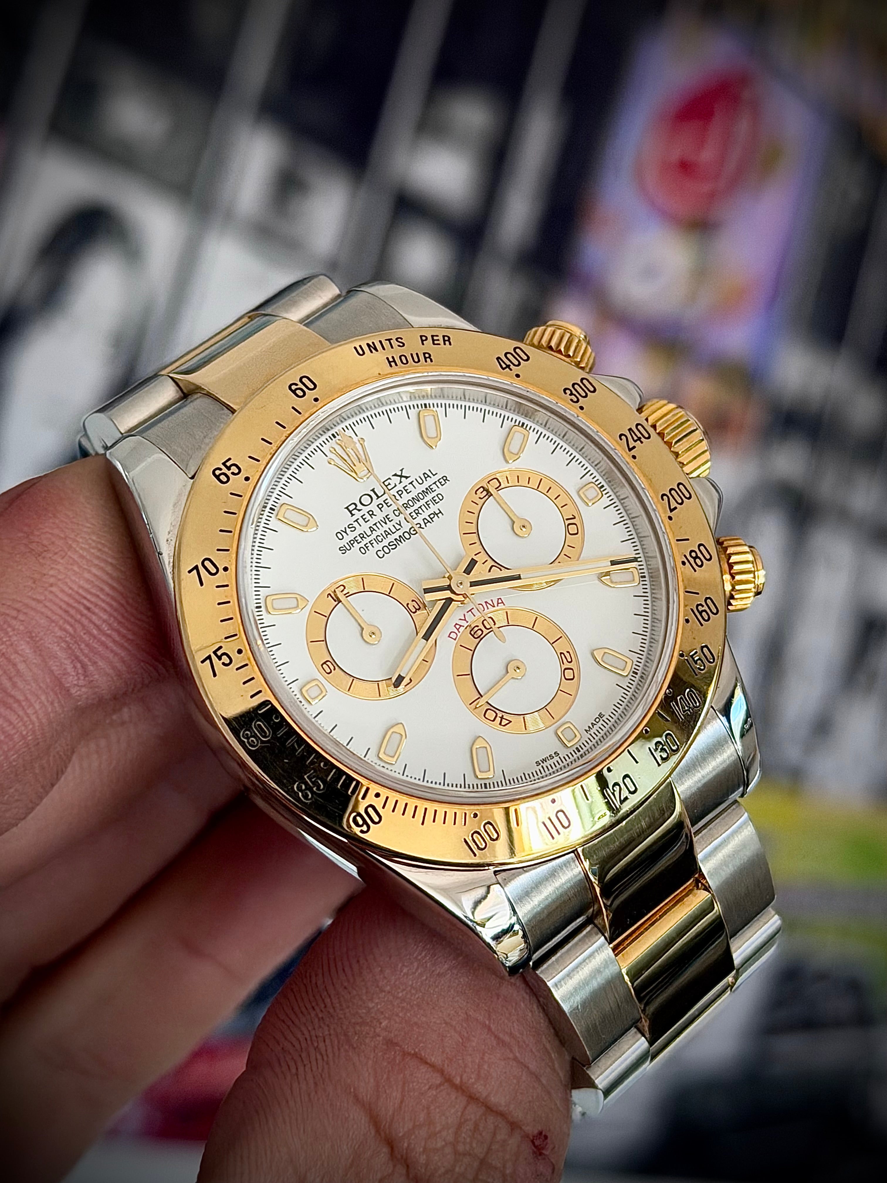 2003 ROLEX COSMOGRAPH DAYTONA, WHITE DIAL, TWO TONE, 116523, FULL COLLECTORS SET, WITH RSC, INC GST