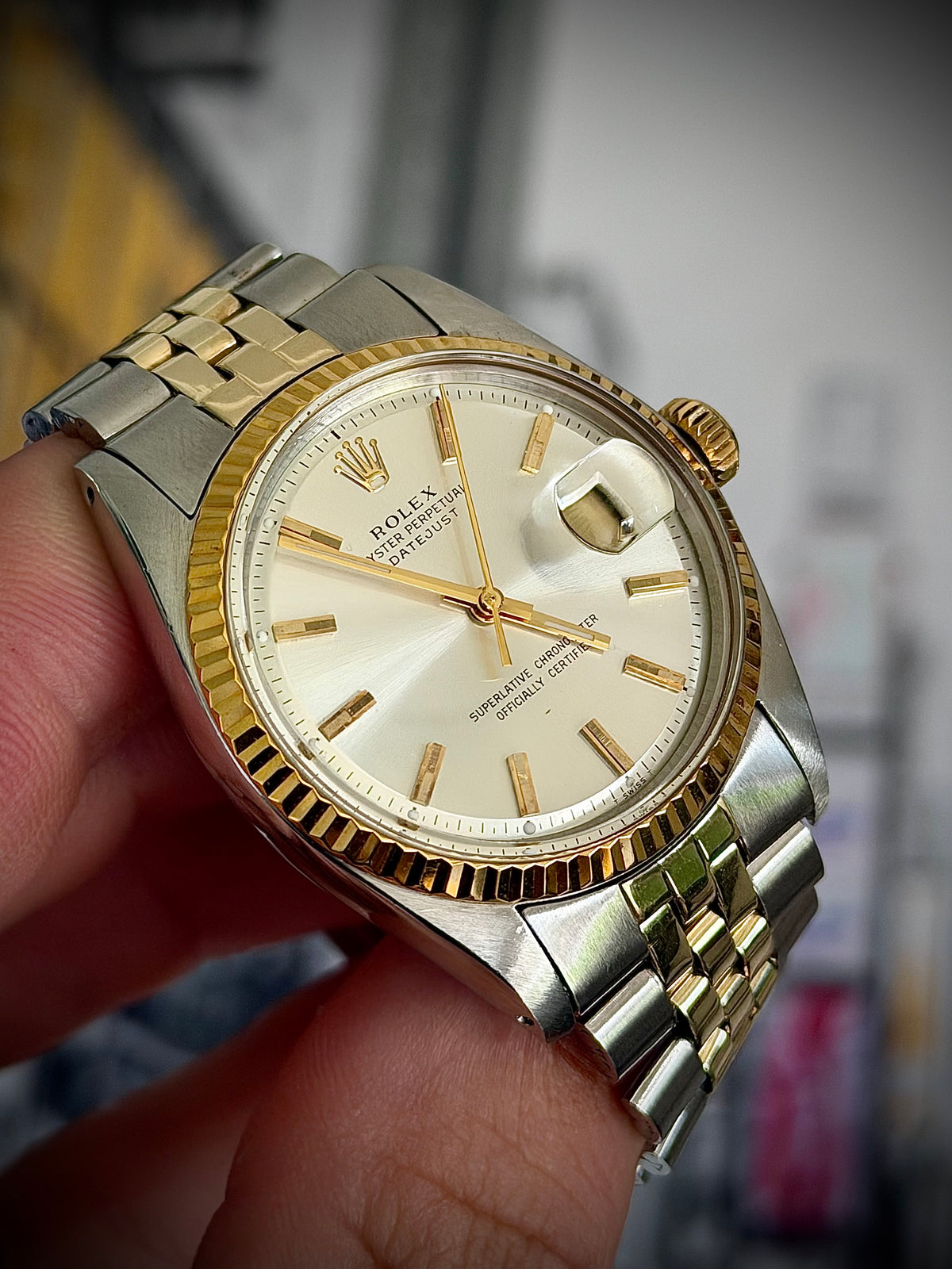 1975 ROLEX DATEJUST 36, 1601, TWO-TONE, PIE-PAN DIAL, FOLDED-LINK JUBILEE BRACELET, ROLEX SERVICE BOX, INC GST