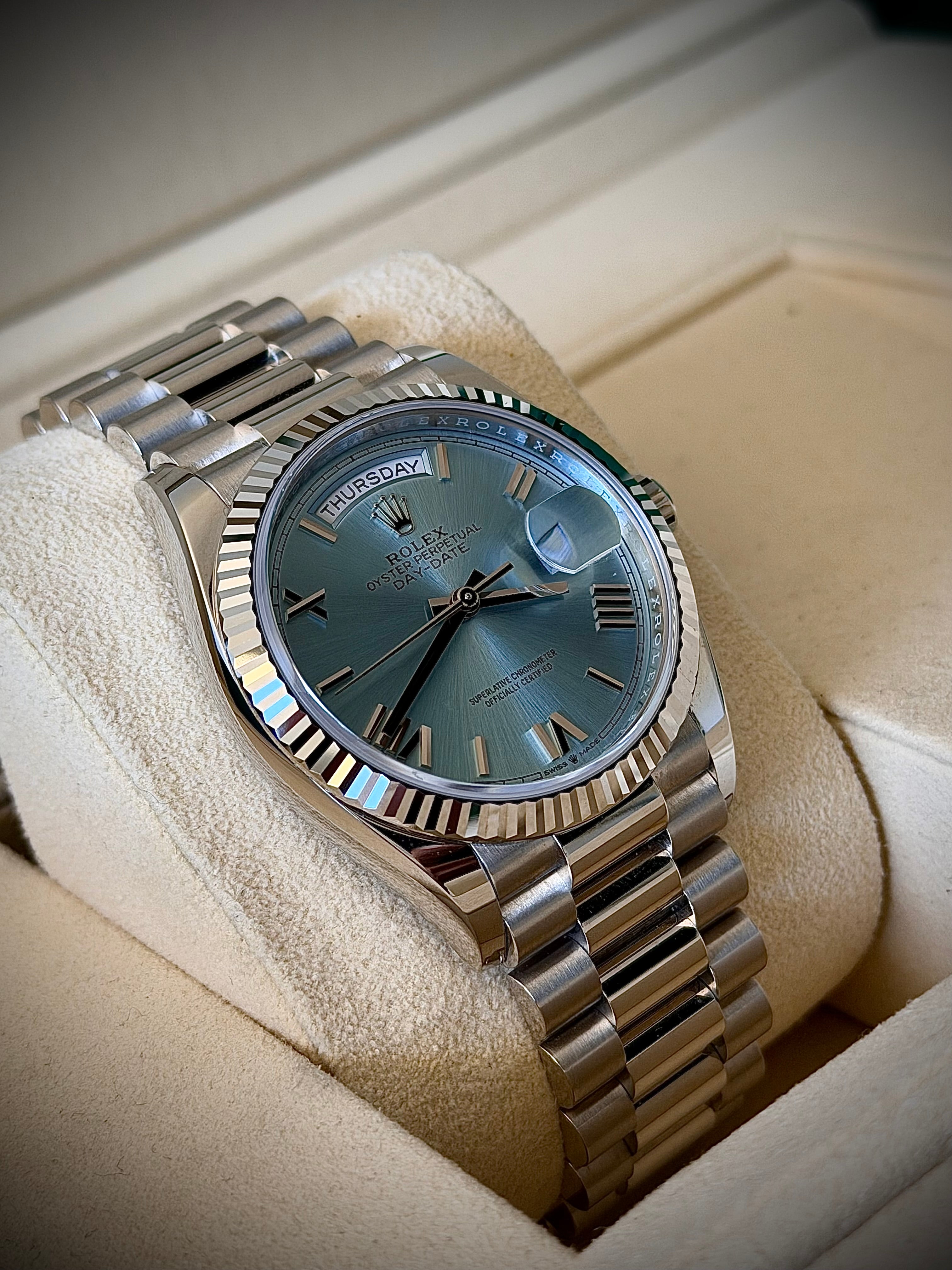 2025 ROLEX DAY-DATE 36 PLATINUM, ICE BLUE ROMAN DIAL, 128236, FULL SET, INC GST