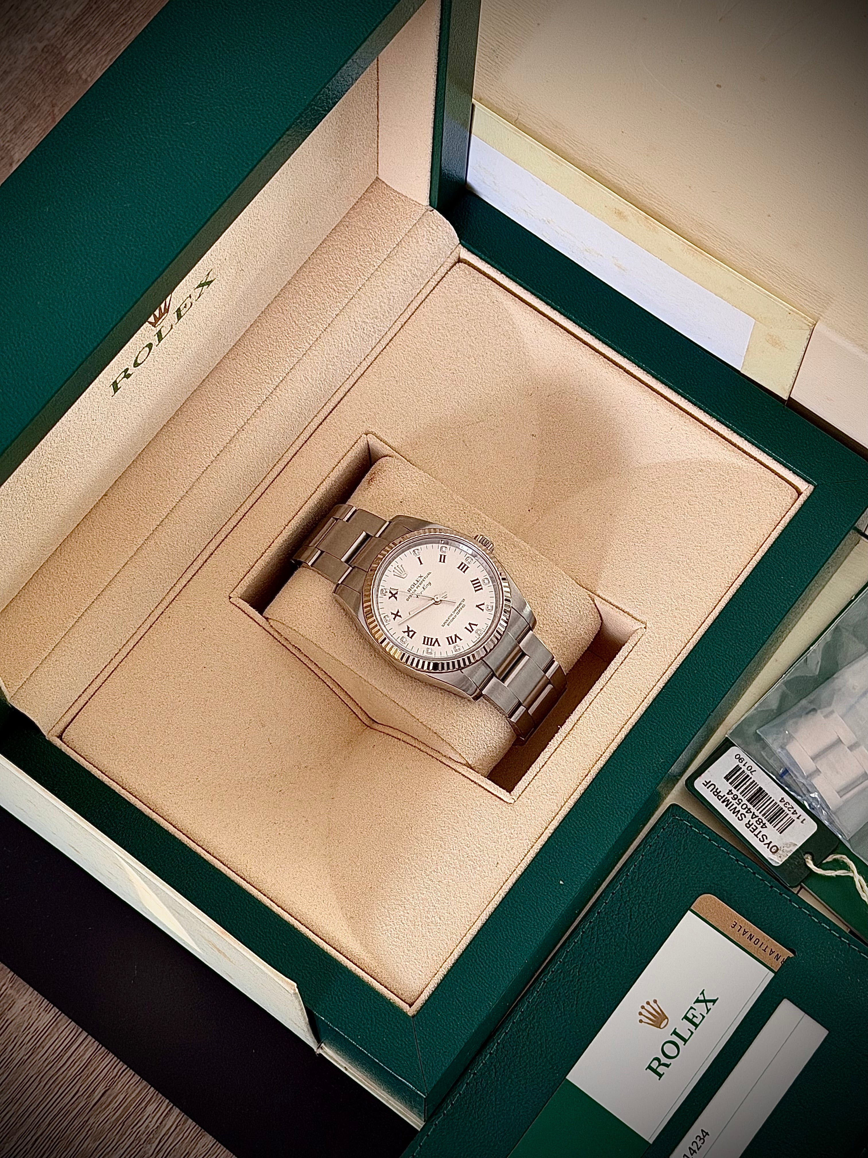 2015 ROLEX AIR-KING 34, 114234, DIAMOND DIAL, FULL SET, INC GST