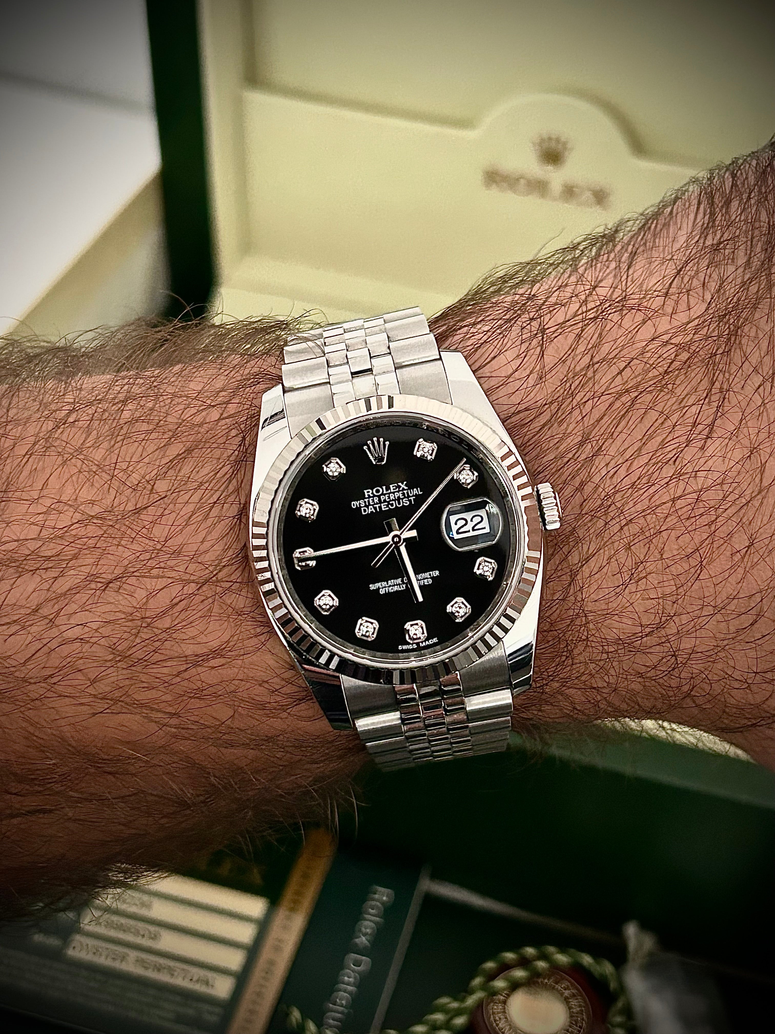 2013 ROLEX DATEJUST 36, 116234G, BLACK DIAMOND DIAL, FULL SET, INC GST
