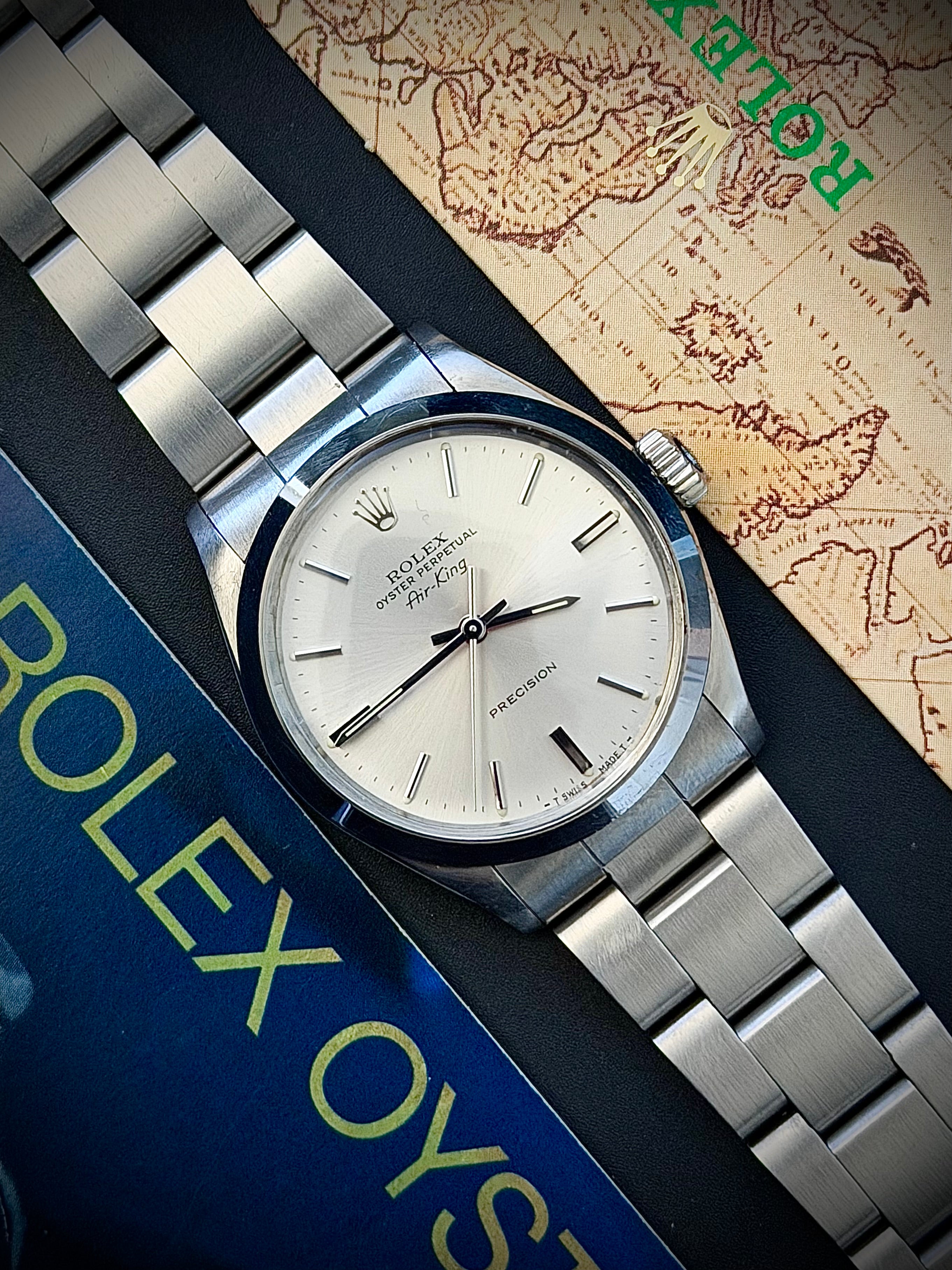 1989 ROLEX AIR-KING, 5500, SILVER PRECISION DIAL, FULL SET, INC GST