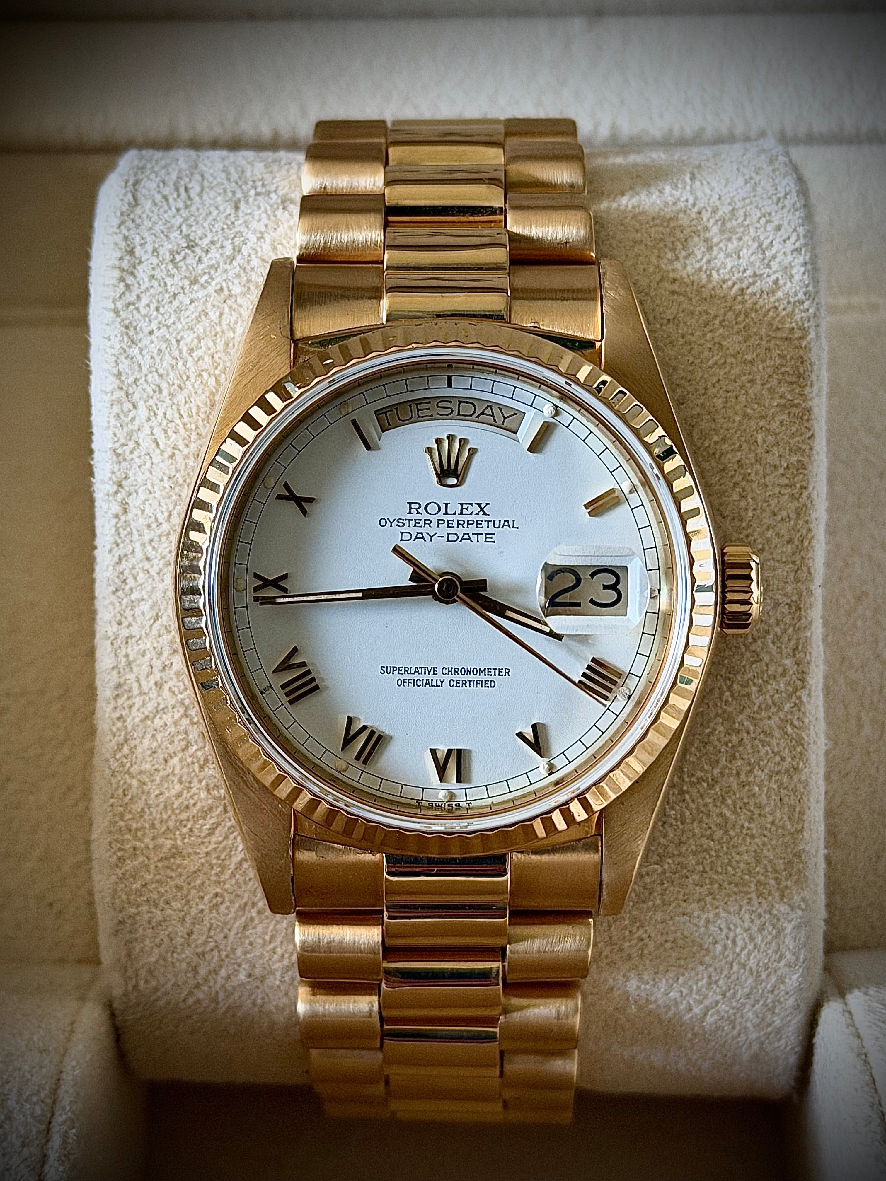 1987 ROLEX DAY DATE 36, 18038, WHITE ROMAN DIAL, FULL SET, INC GST
