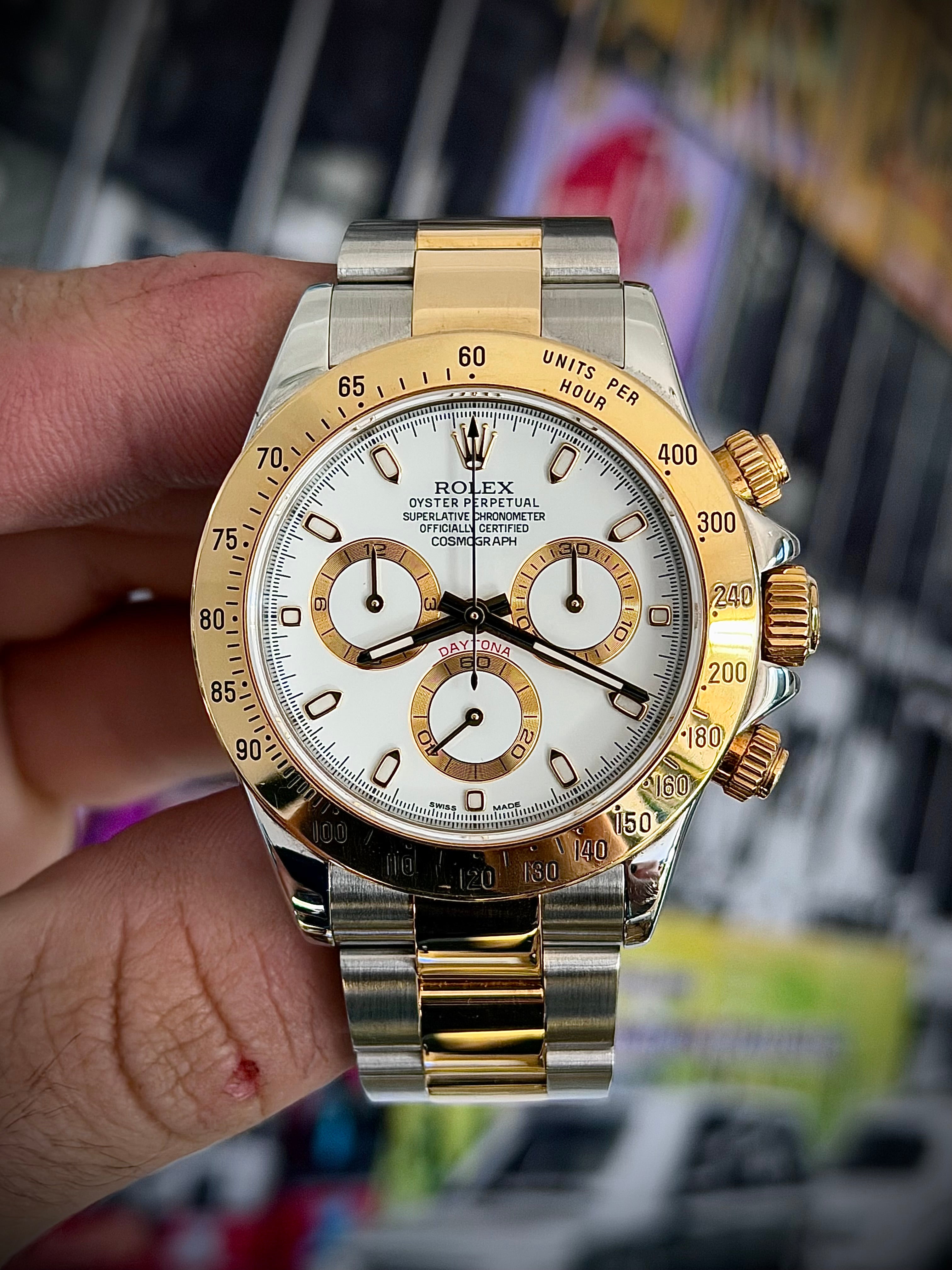 2003 ROLEX COSMOGRAPH DAYTONA, WHITE DIAL, TWO TONE, 116523, FULL COLLECTORS SET, WITH RSC, INC GST