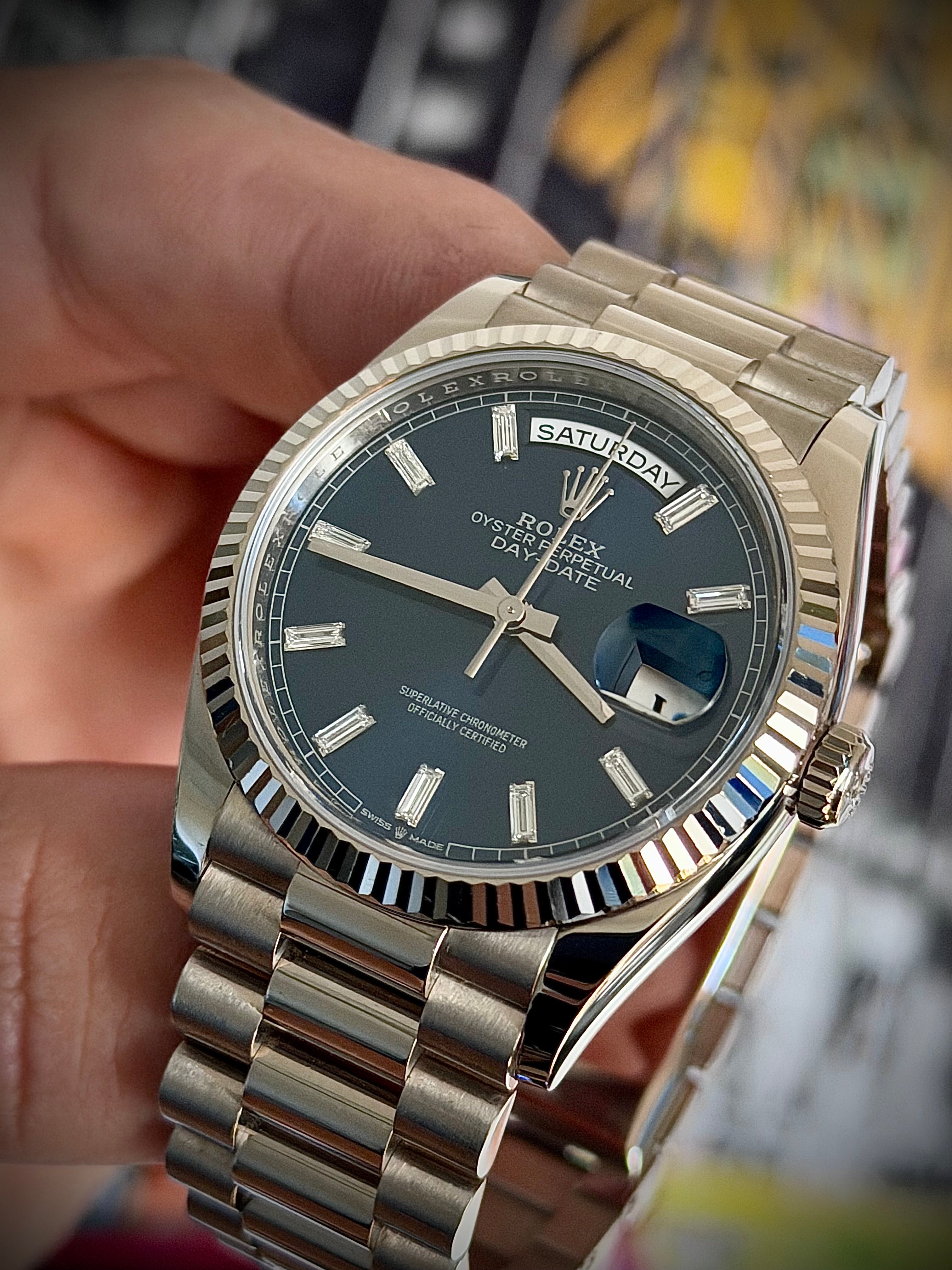 2024 ROLEX DAY-DATE 36, 128239, BLUE BAGUETTE DIAMOND DIAL, FULL SET, INC GST
