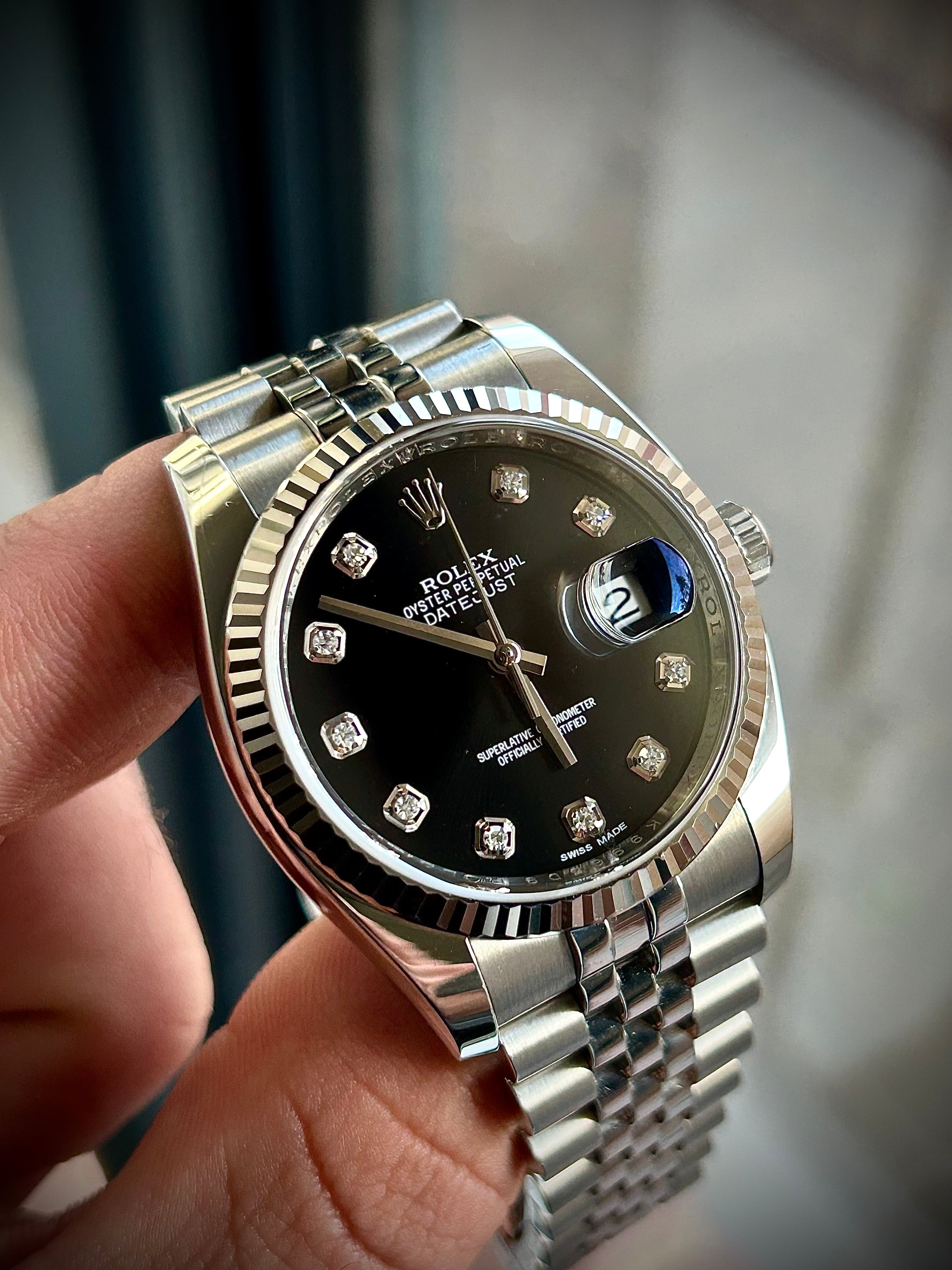 2013 ROLEX DATEJUST 36, 116234G, BLACK DIAMOND DIAL, FULL SET, INC GST