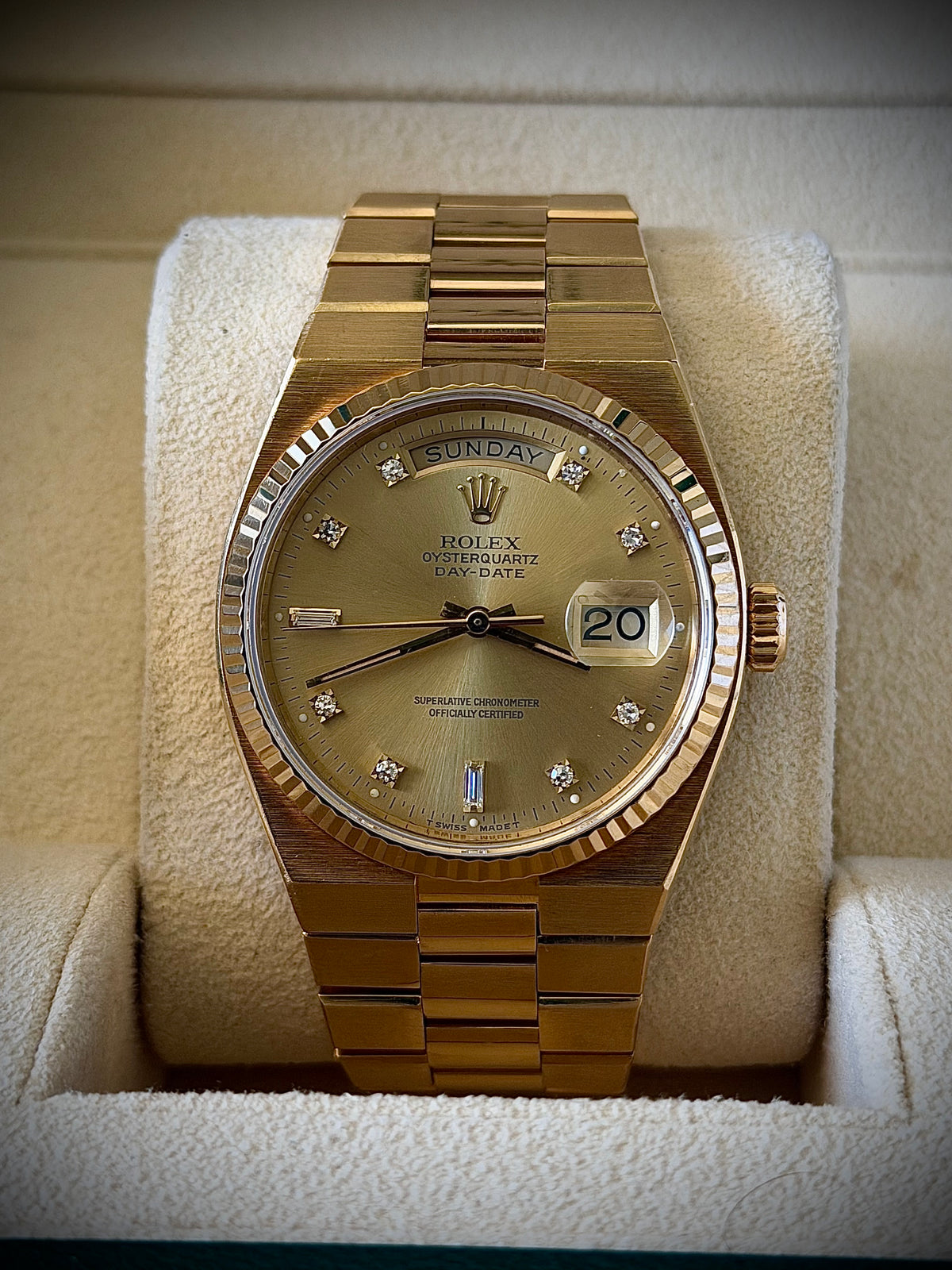 1978 ROLEX OYSTERQUARTZ DAY-DATE 36, 19018, CHAMPAGNE DIAMOND DIAL, 18CT YELLOW GOLD, WATCH ONLY, INC GST