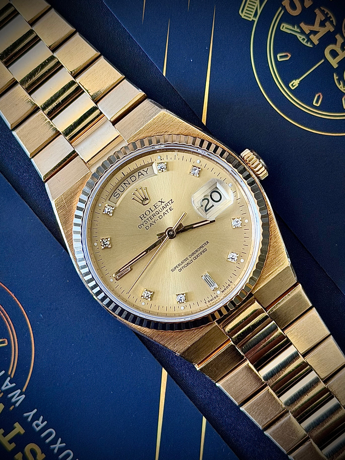 1978 ROLEX OYSTERQUARTZ DAY-DATE 36, 19018, CHAMPAGNE DIAMOND DIAL, 18CT YELLOW GOLD, WATCH ONLY, INC GST