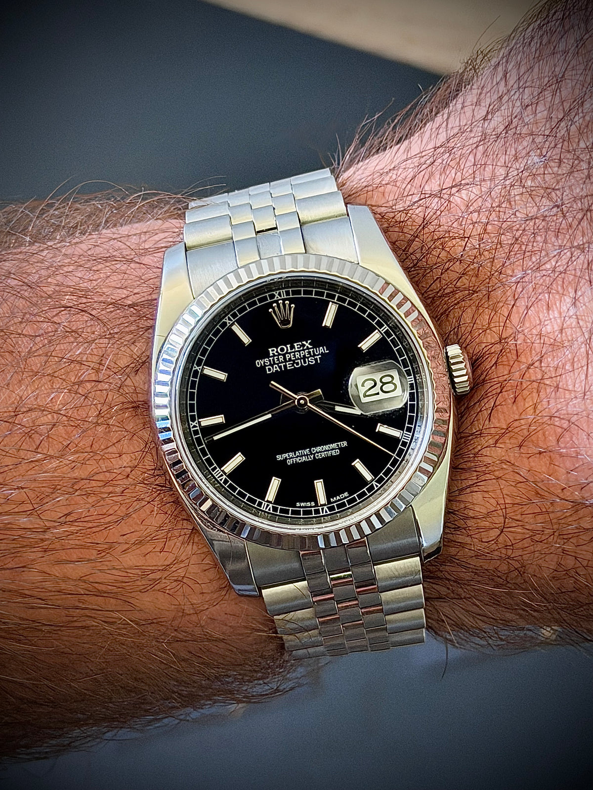 2009 ROLEX DATEJUST 36, 116234, FLUTED BEZEL, SUPER JUBILEE BRACELET, ROULETTE DATE WHEEL, WATCH ONLY, INC GST