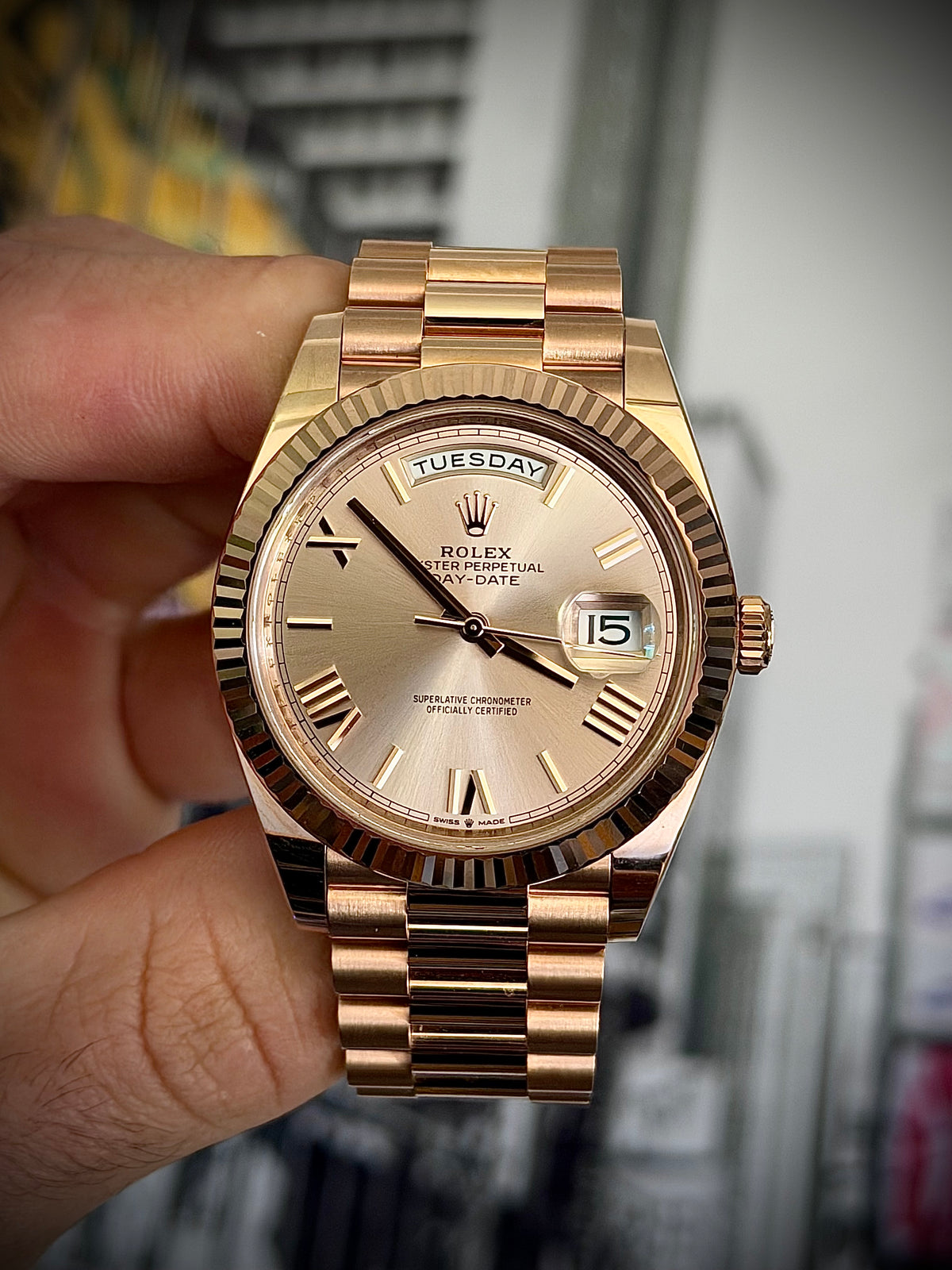 2024 ROLEX DAY-DATE 40, 228235, SUNDUST DIAL, 18CT EVEROSE GOLD, FULL SET, INC GST