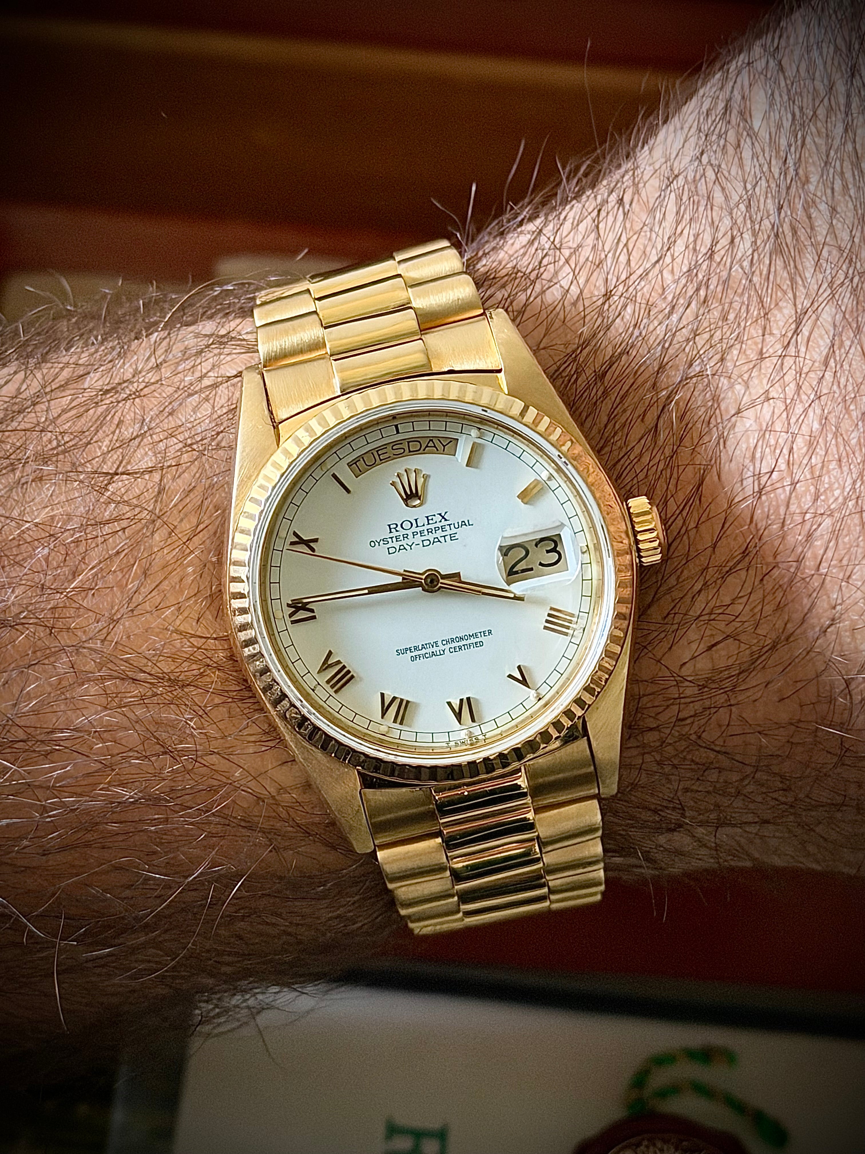 1987 ROLEX DAY DATE 36, 18038, WHITE ROMAN DIAL, FULL SET, INC GST