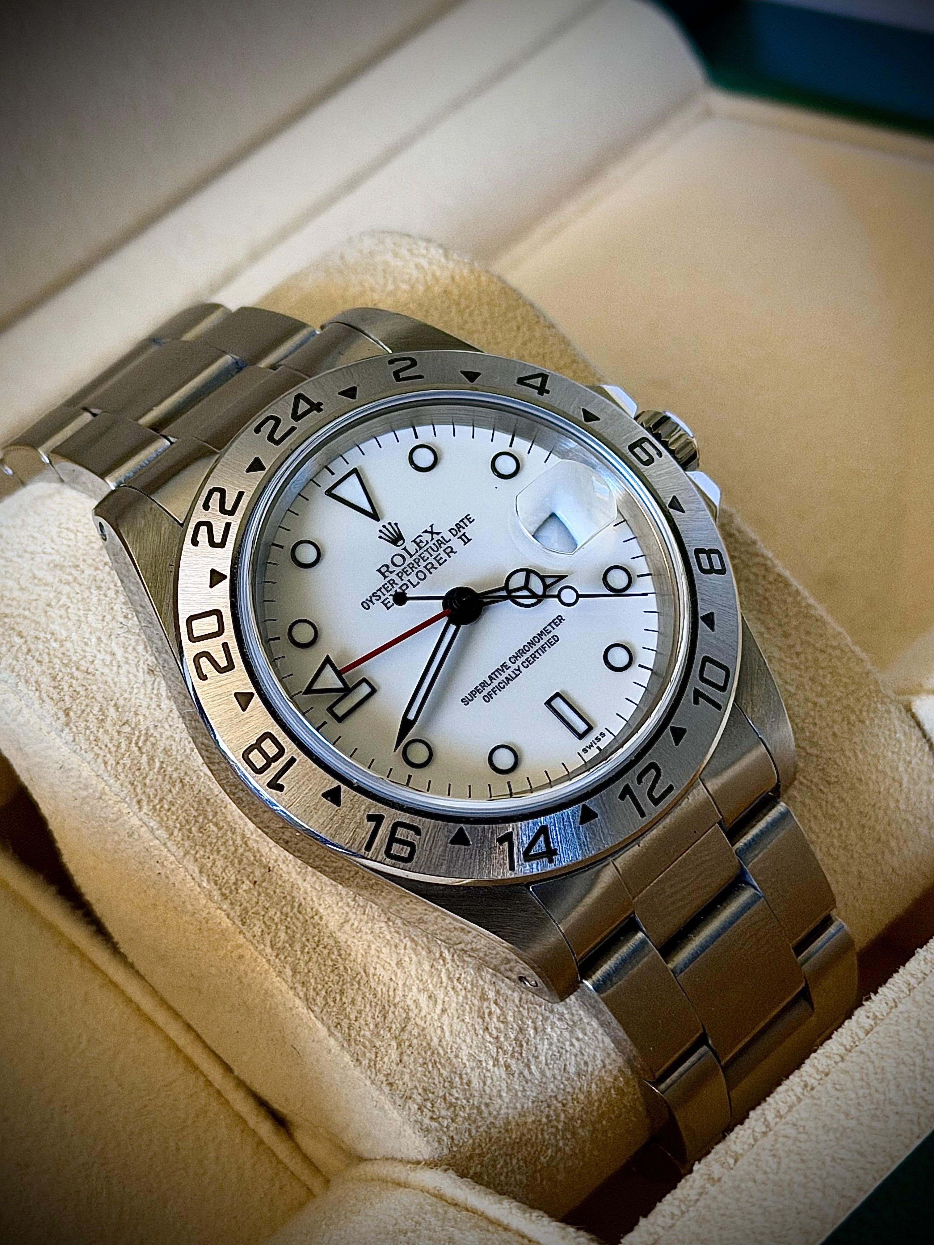 1999 ROLEX EXPLORER II “POLAR”, SWISS ONLY DIAL, 16570, FULL SET, INC GST