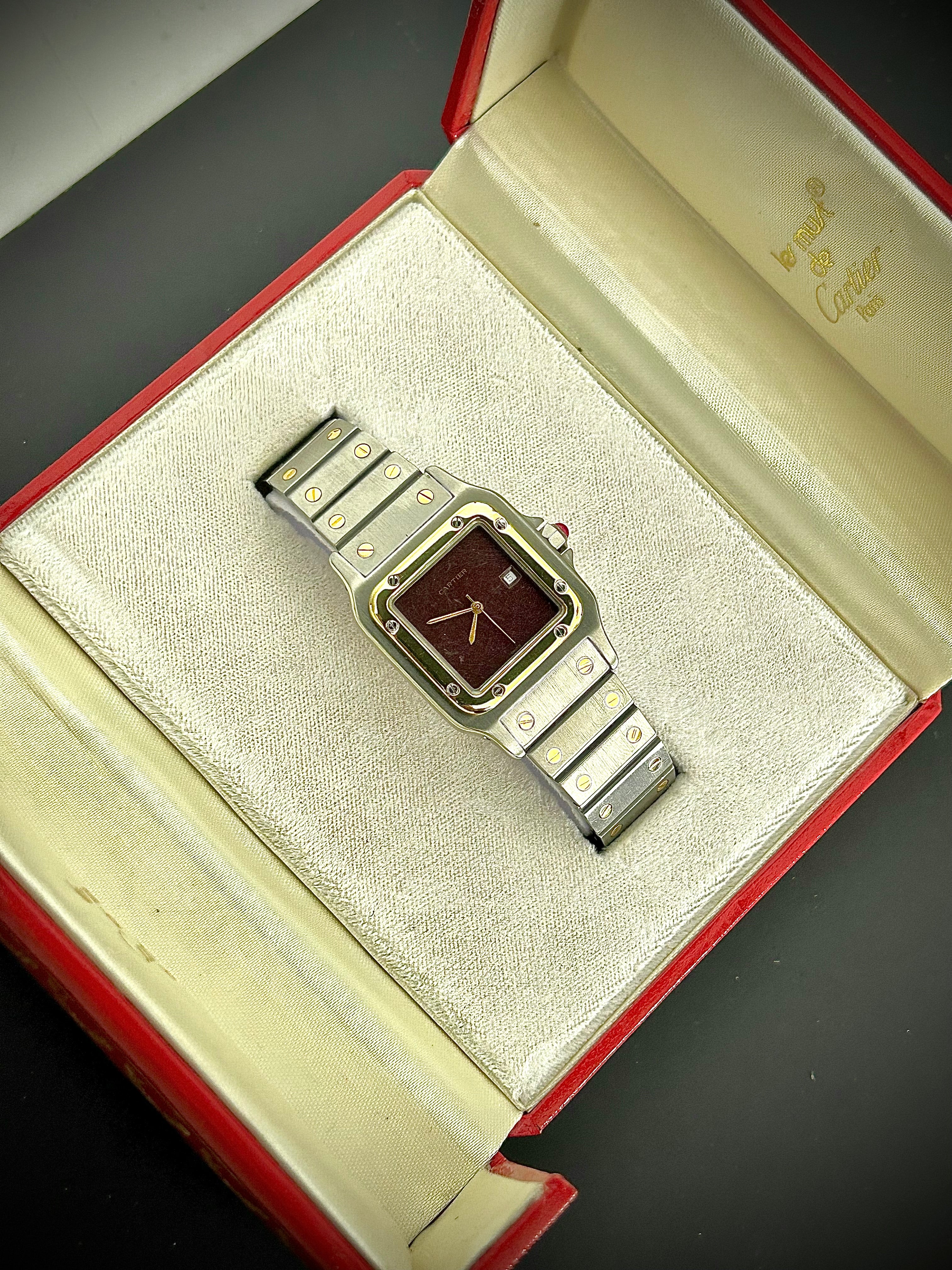 1982 CARTIER SANTOS CAREÉ, 2961, BURGUNDY SPIDER DIAL, WATCH AND BOX, INC GST