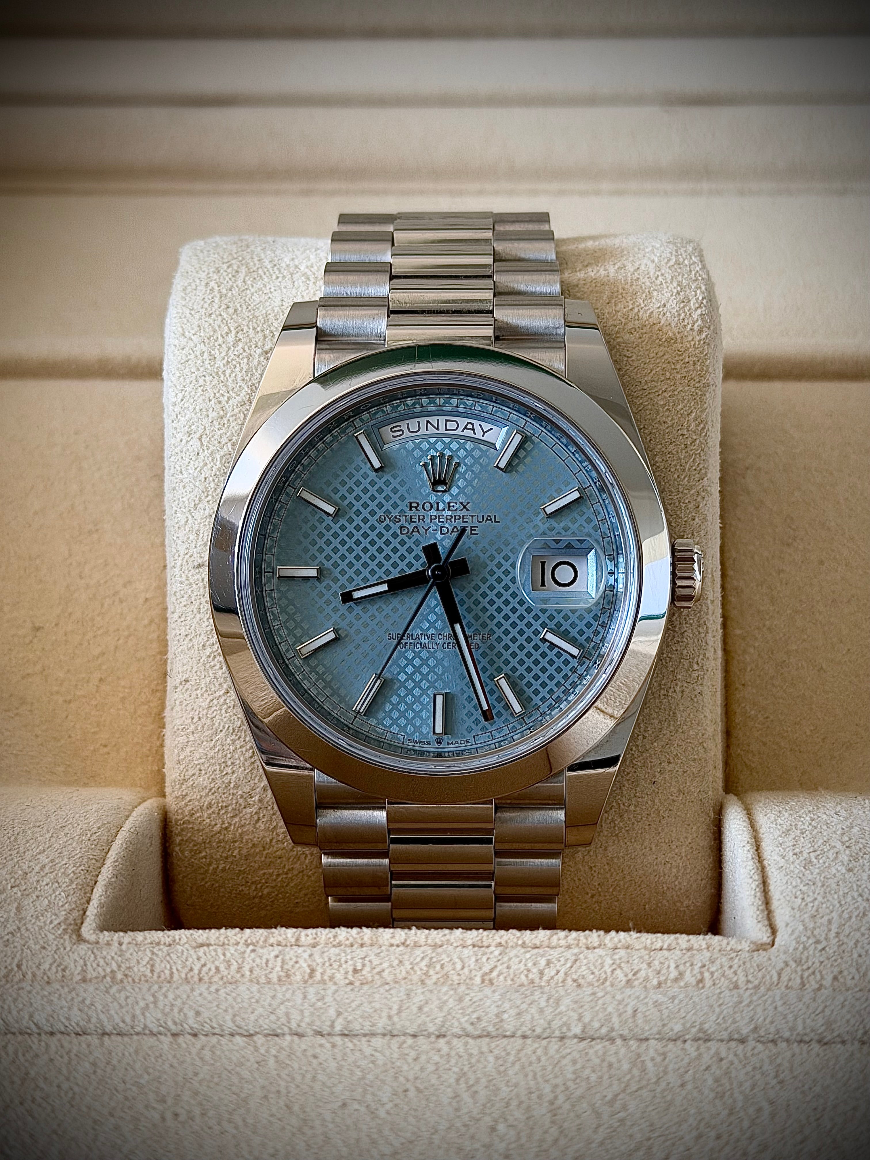 2021 ROLEX DAY DATE 40, 228206, ICE BLUE MOTIF DIAL, FULL SET, INC GST