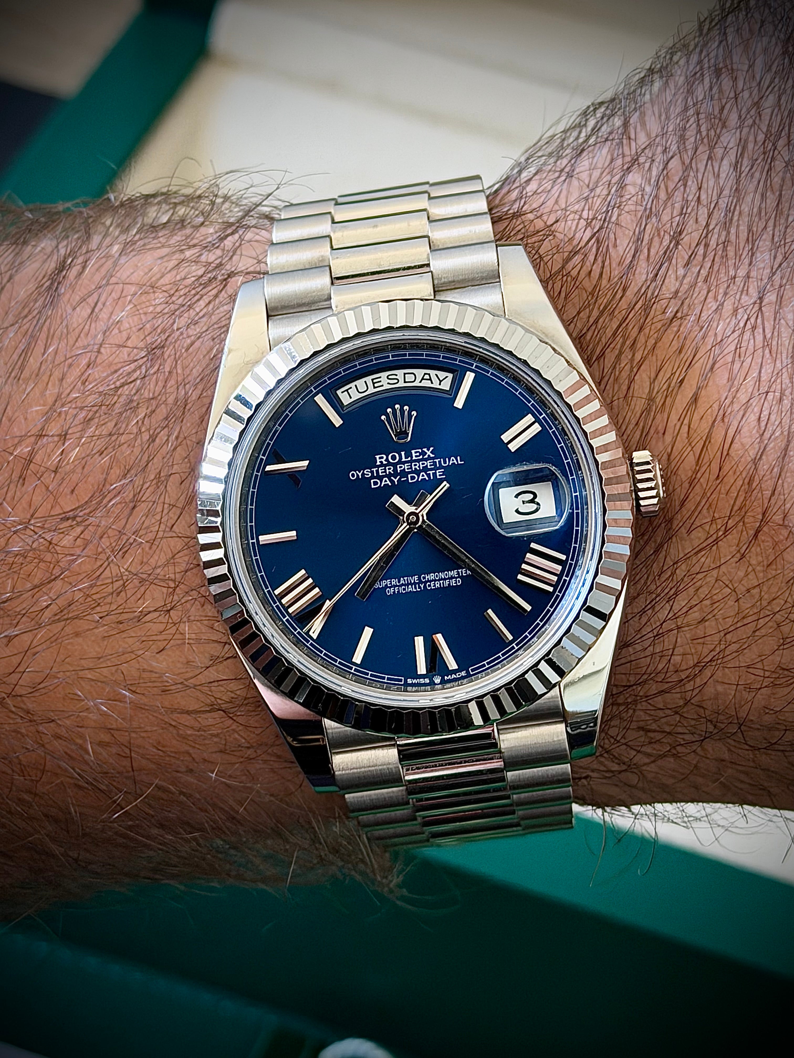 2017 ROLEX DAY-DATE 40, 228239, BLUE ROMAN DIAL, FULL SET, INC GST