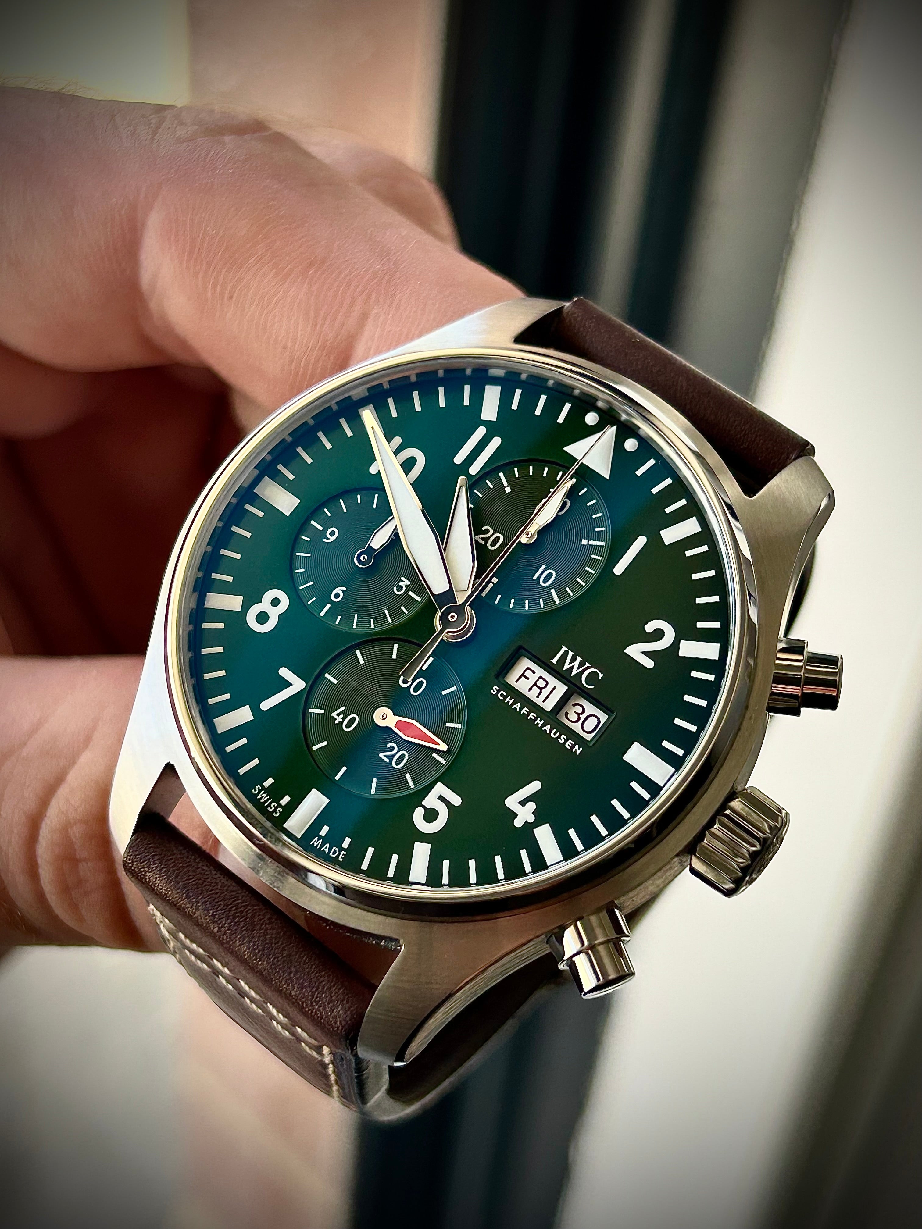 2023 IWC PILOTS WATCH CHRONOGRAPH, GREEN DIAL, IW388103, FULL SET, INC GST