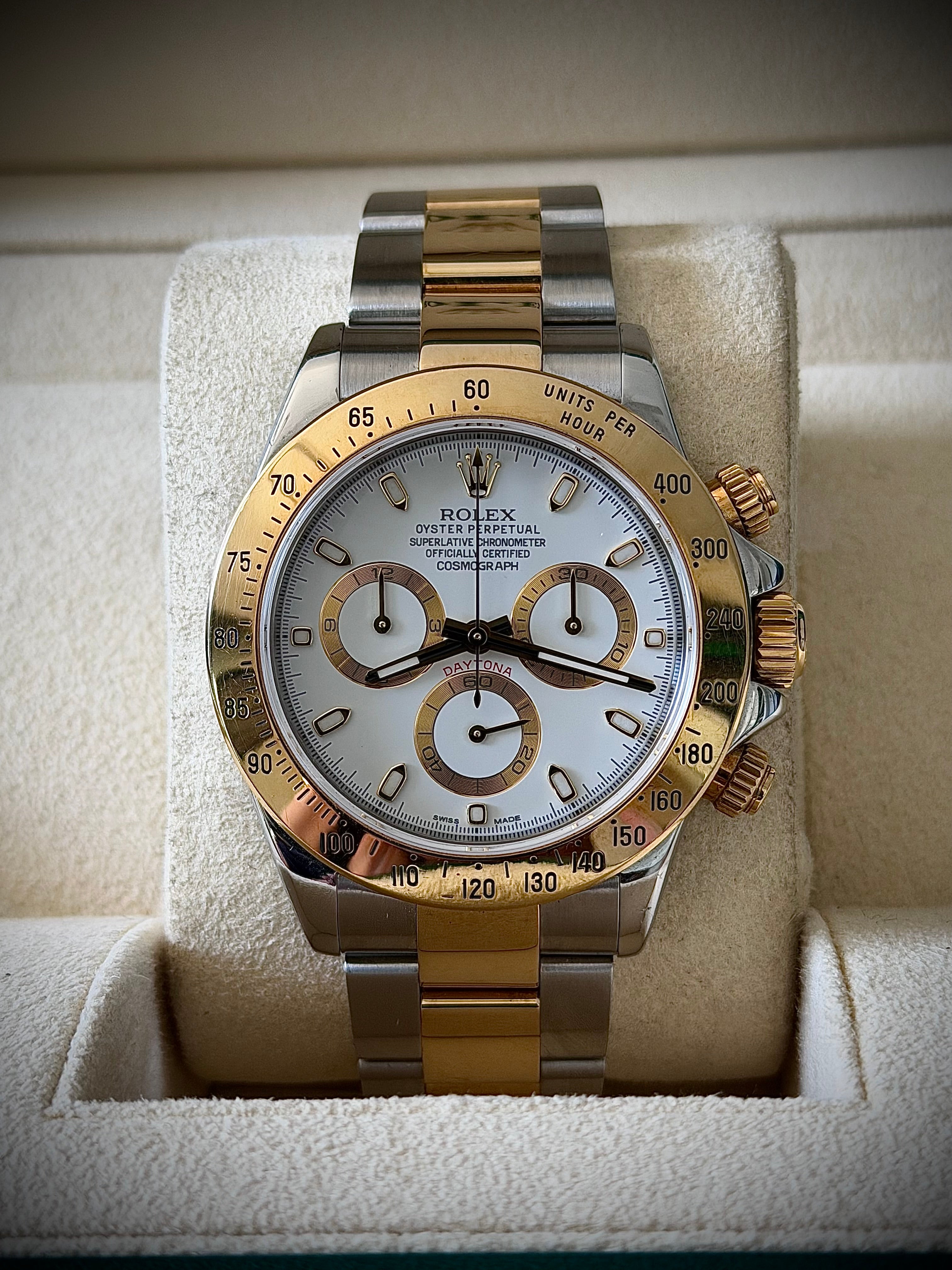 2003 ROLEX COSMOGRAPH DAYTONA, WHITE DIAL, TWO TONE, 116523, FULL COLLECTORS SET, WITH RSC, INC GST