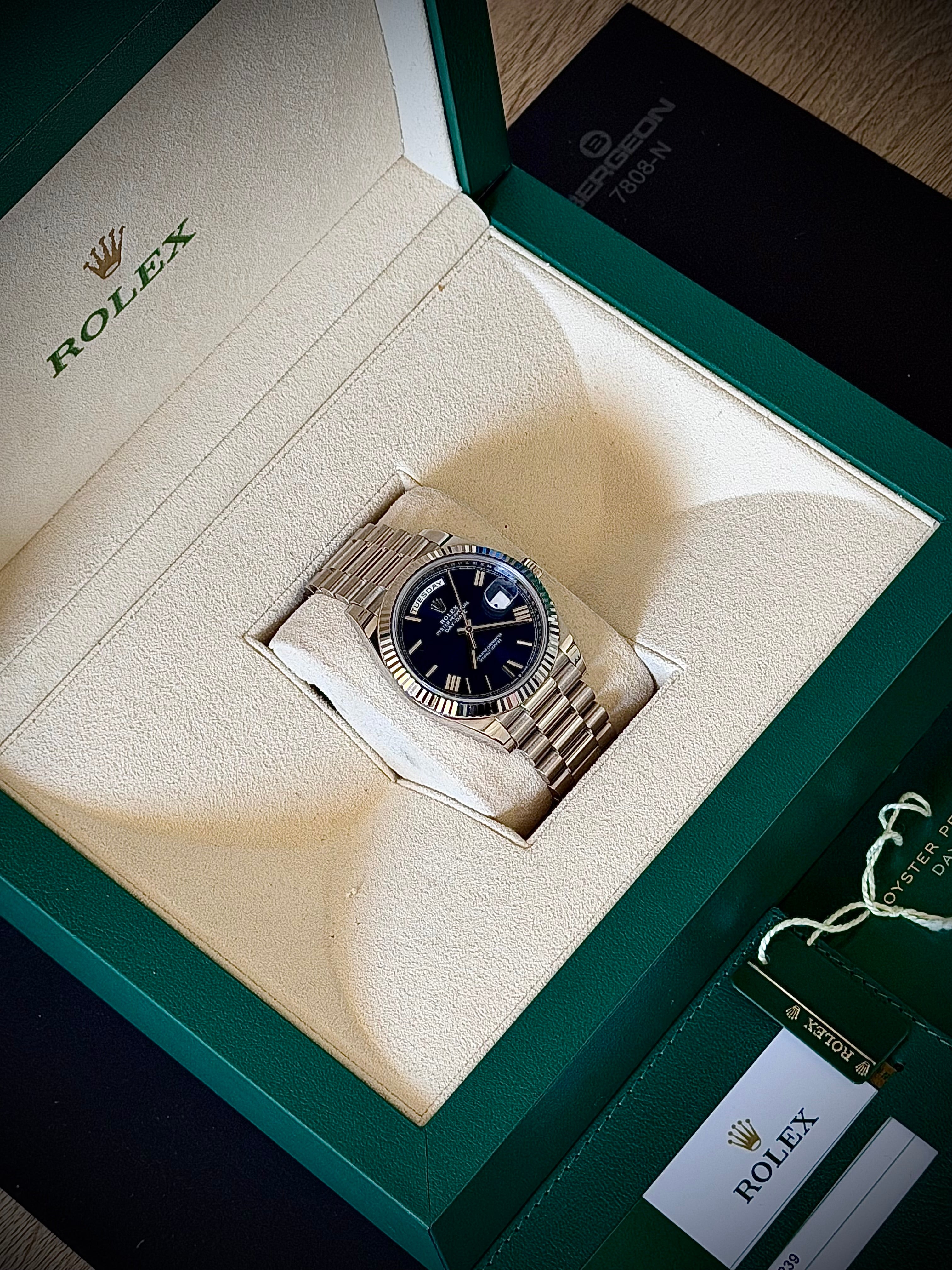 2017 ROLEX DAY-DATE 40, 228239, BLUE ROMAN DIAL, FULL SET, INC GST