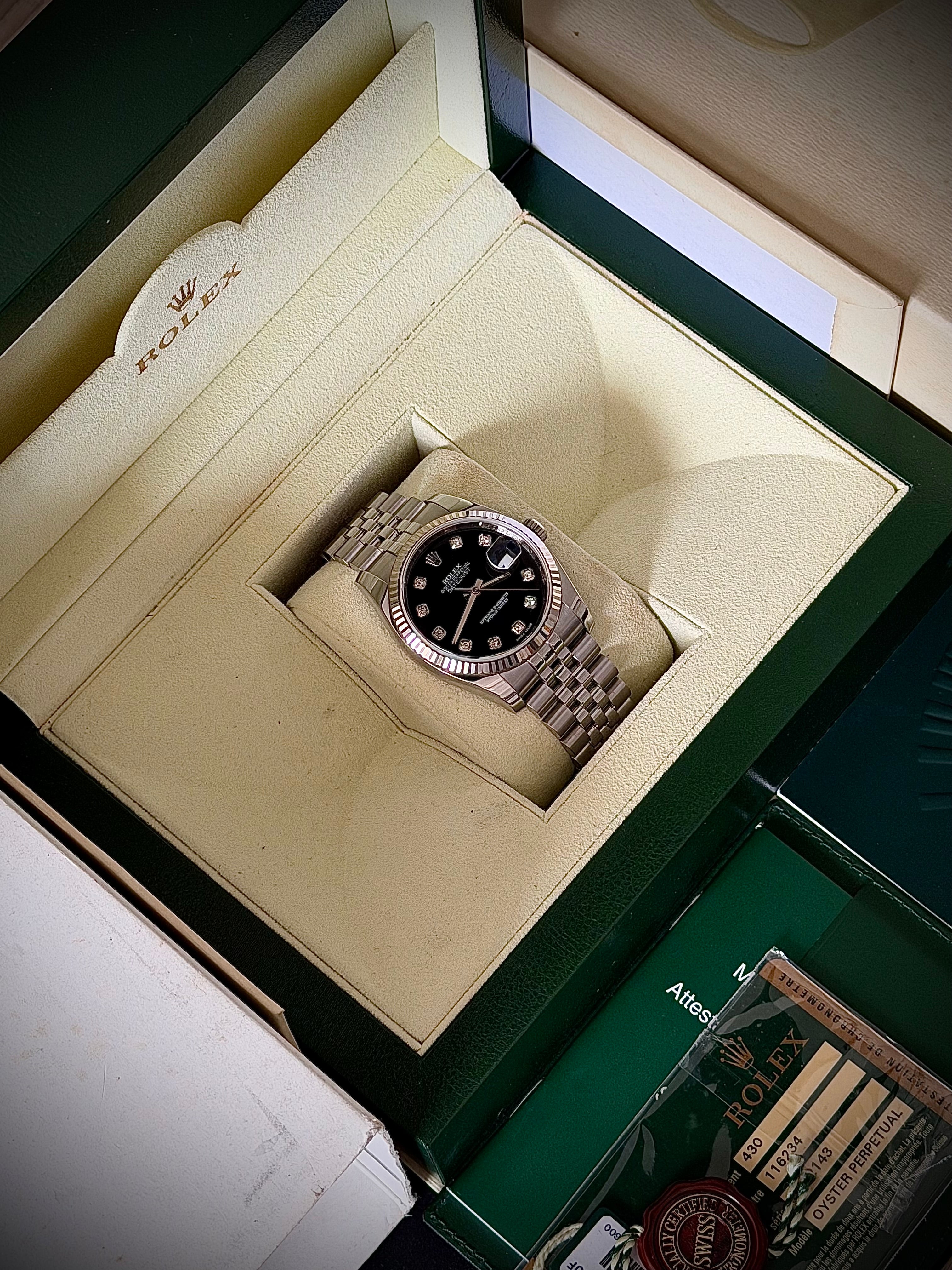 2012 ROLEX DATEJUST 36, 116234, BLACK DIAMOND DIAL, FULL SET, INC GST