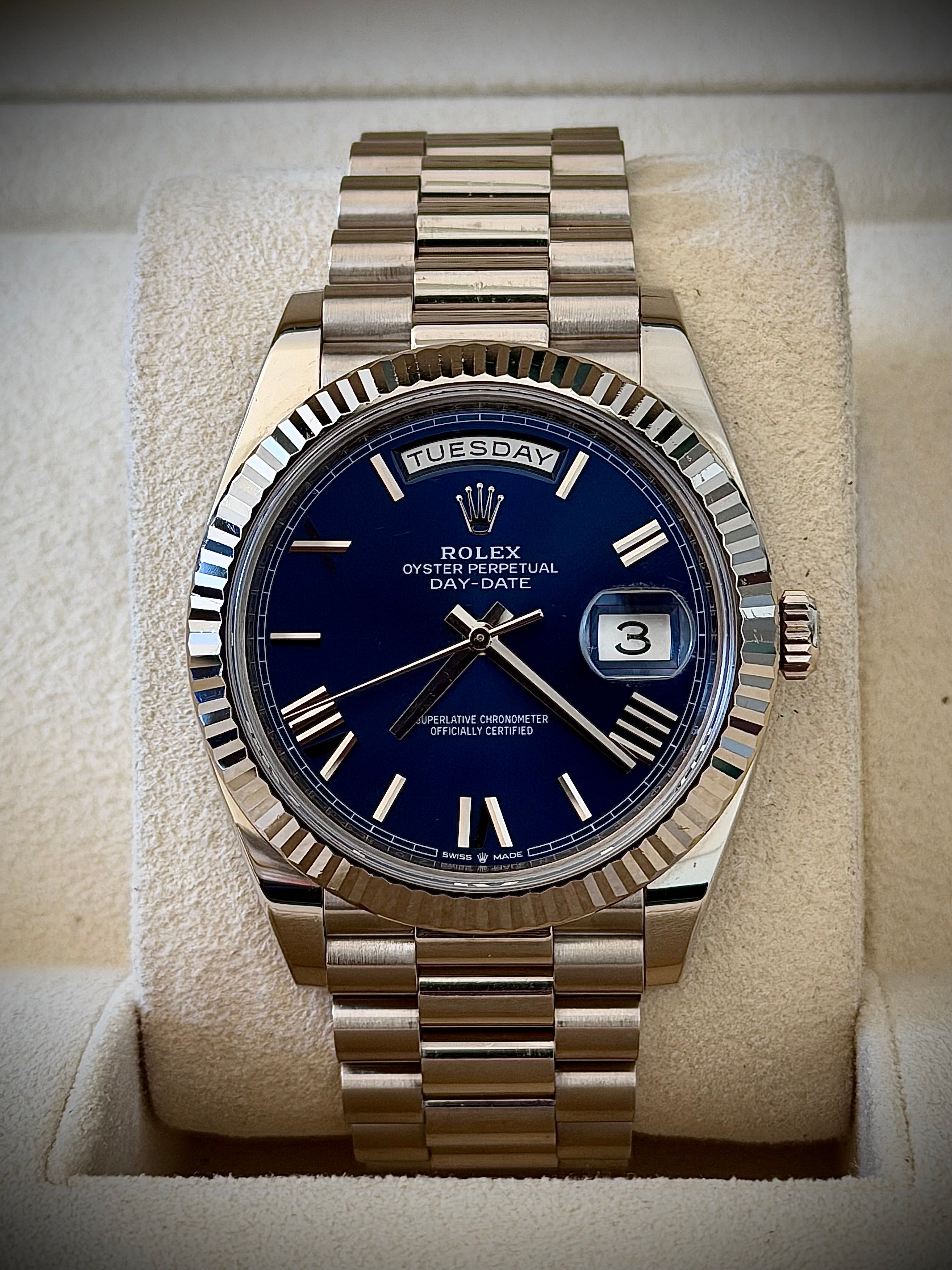 2017 ROLEX DAY-DATE 40, 228239, BLUE ROMAN DIAL, FULL SET, INC GST