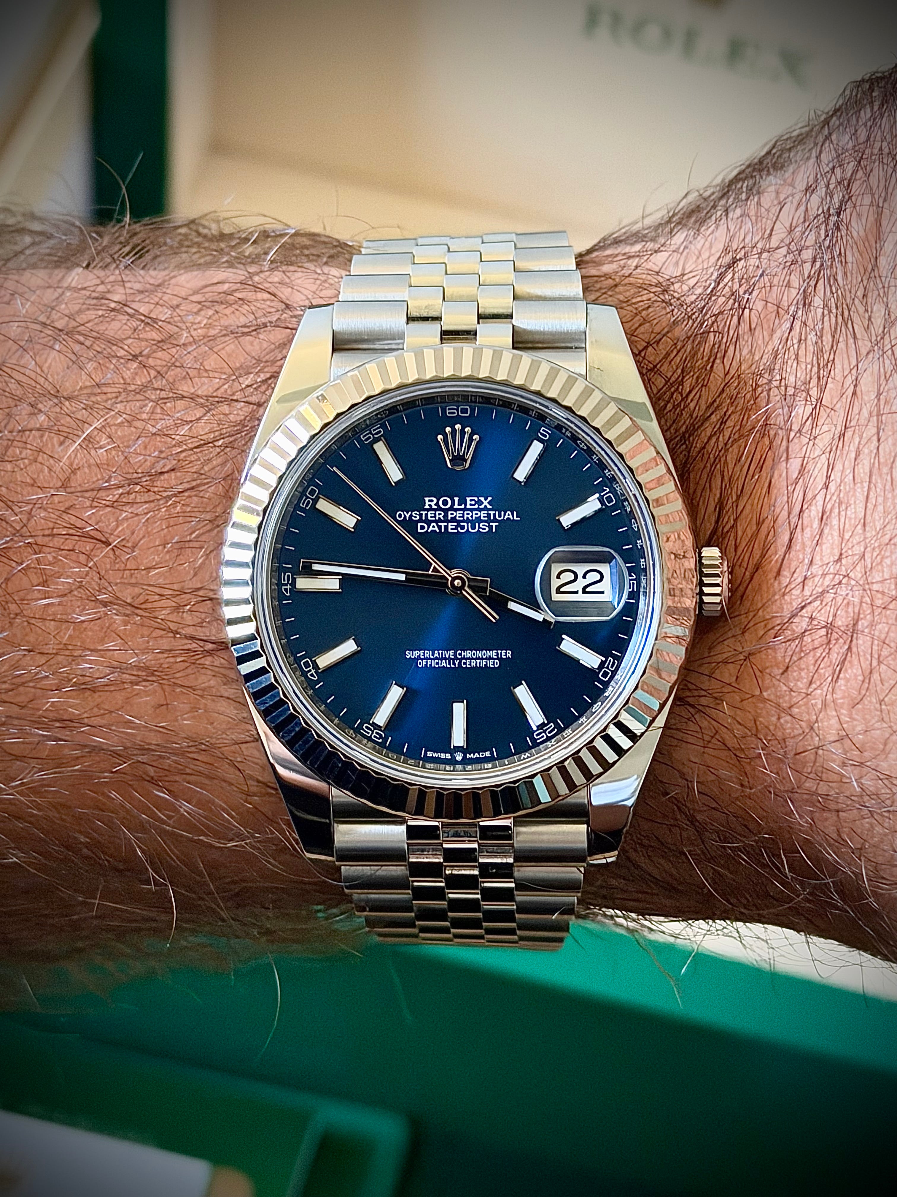 2019 ROLEX DATEJUST 41, BLUE DIAL, FLUTED BEZEL, JUBILEE BRACELET, ORIGINAL INVOICE, 2025 RSC SERVICE, FULL SET, INC GST