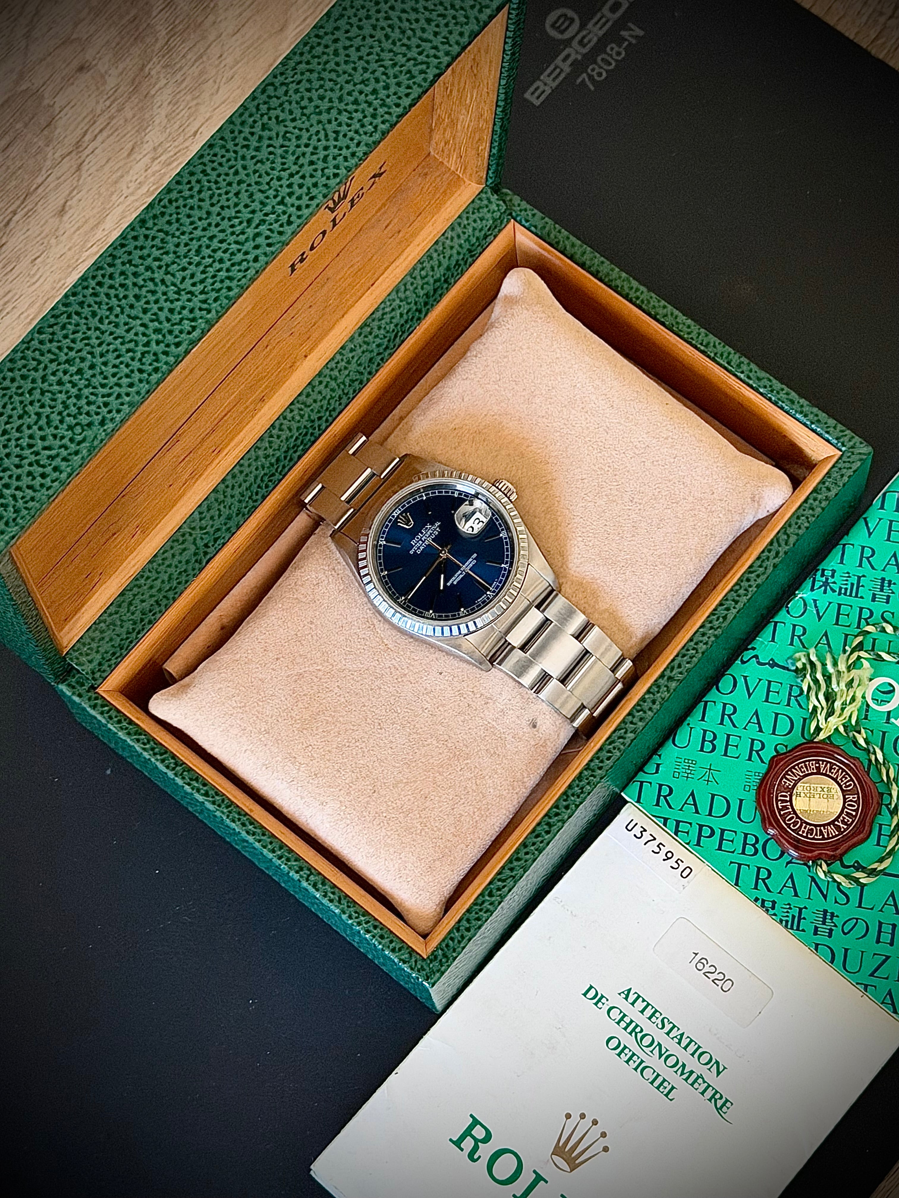 1997 ROLEX DATEJUST 36, 16220, BLUE DIAL, ENGINE-TURNED BEZEL, BOX & PAPERS, INC GST