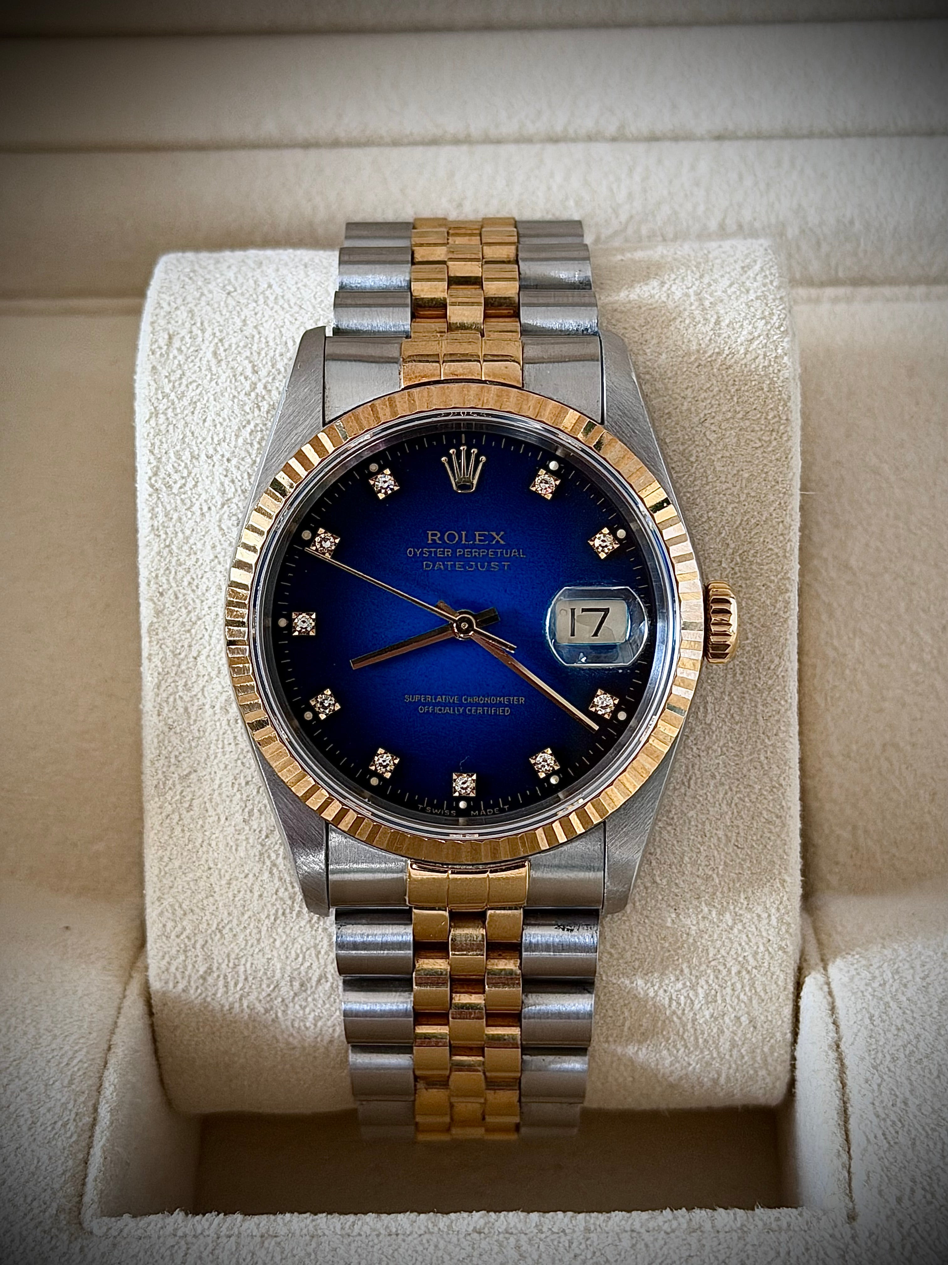 1991 ROLEX DATEJUST 36, TWO TONE, BLUE VIGNETTE DIAMOND DIAL, 16233, WATCH ONLY, INC GST