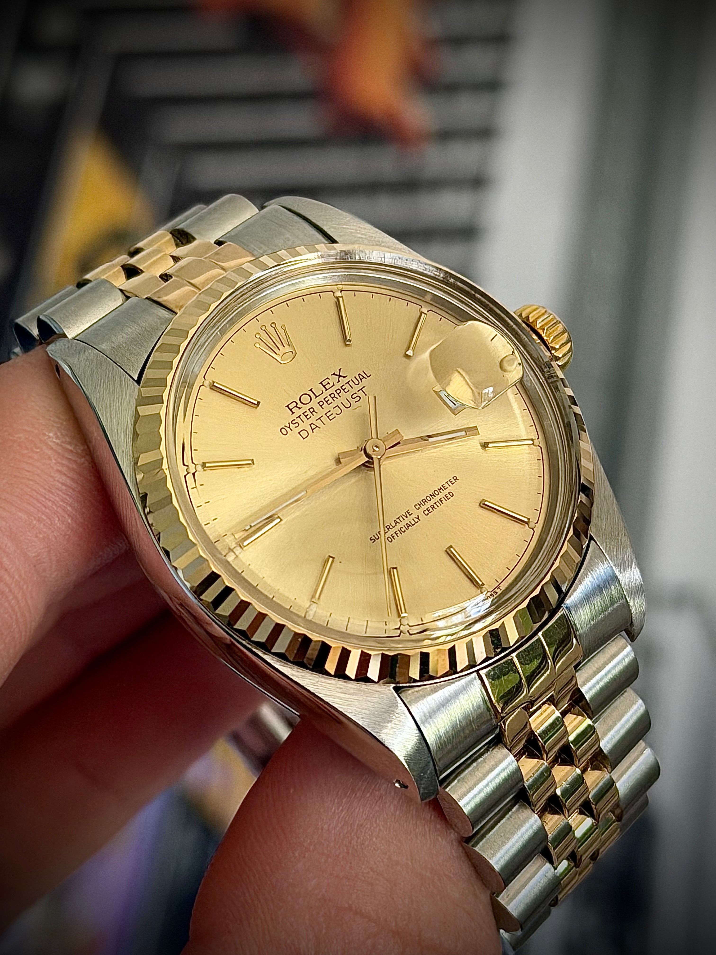 1987 ROLEX DATEJUST 36, 16013, CHAMPAGNE DIAL, FLUTED BEZEL, JUBILEE BRACELET, WATCH ONLY, INC GST