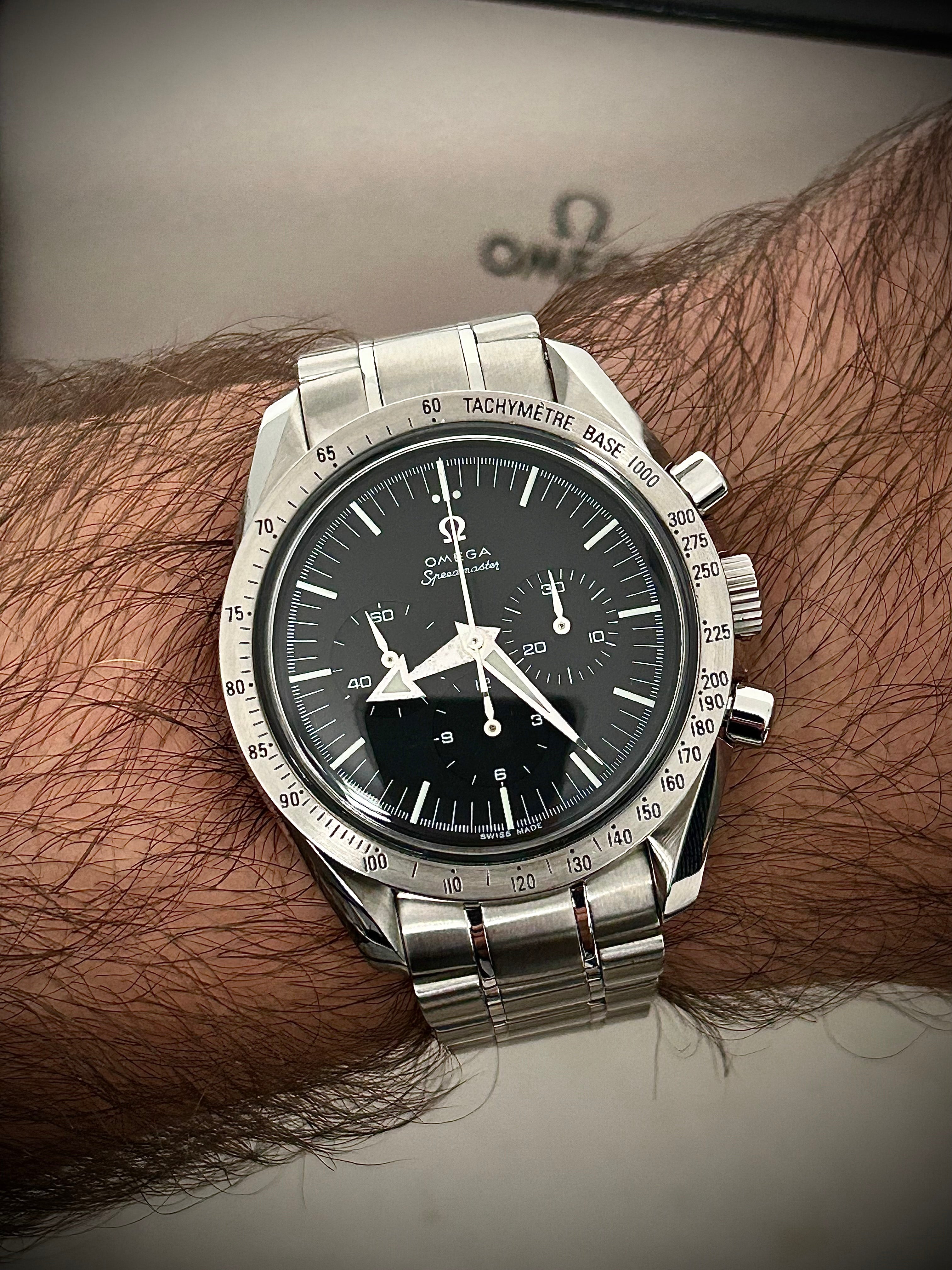 1998 OMEGA SPEEDMASTER BROAD ARROW, 3594.50, FULL SET, INC GST