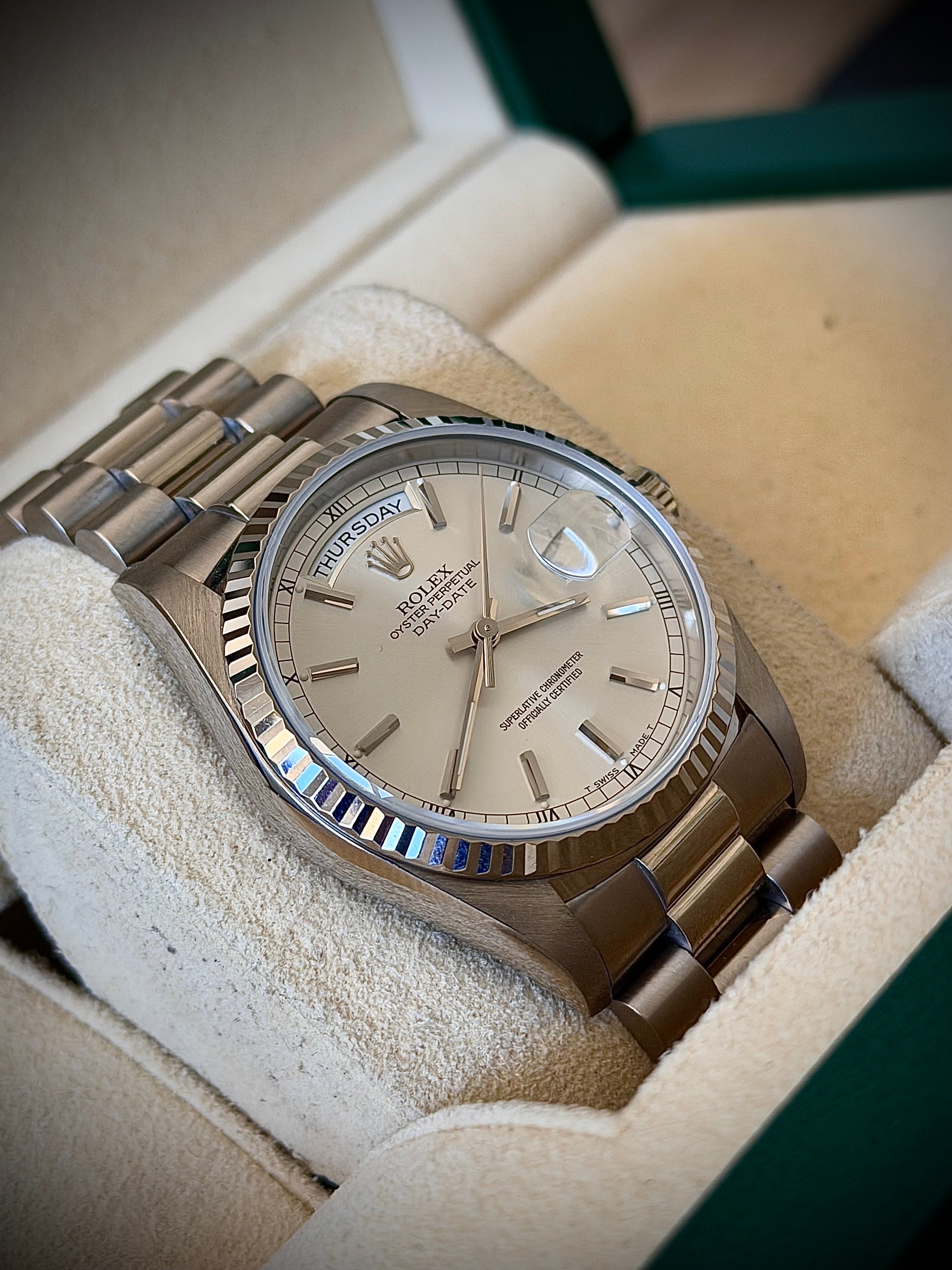 1994 ROLEX DAY-DATE 36, WHITE GOLD, 18239, BOX AND PAPERS, WITH RSC, INC GST