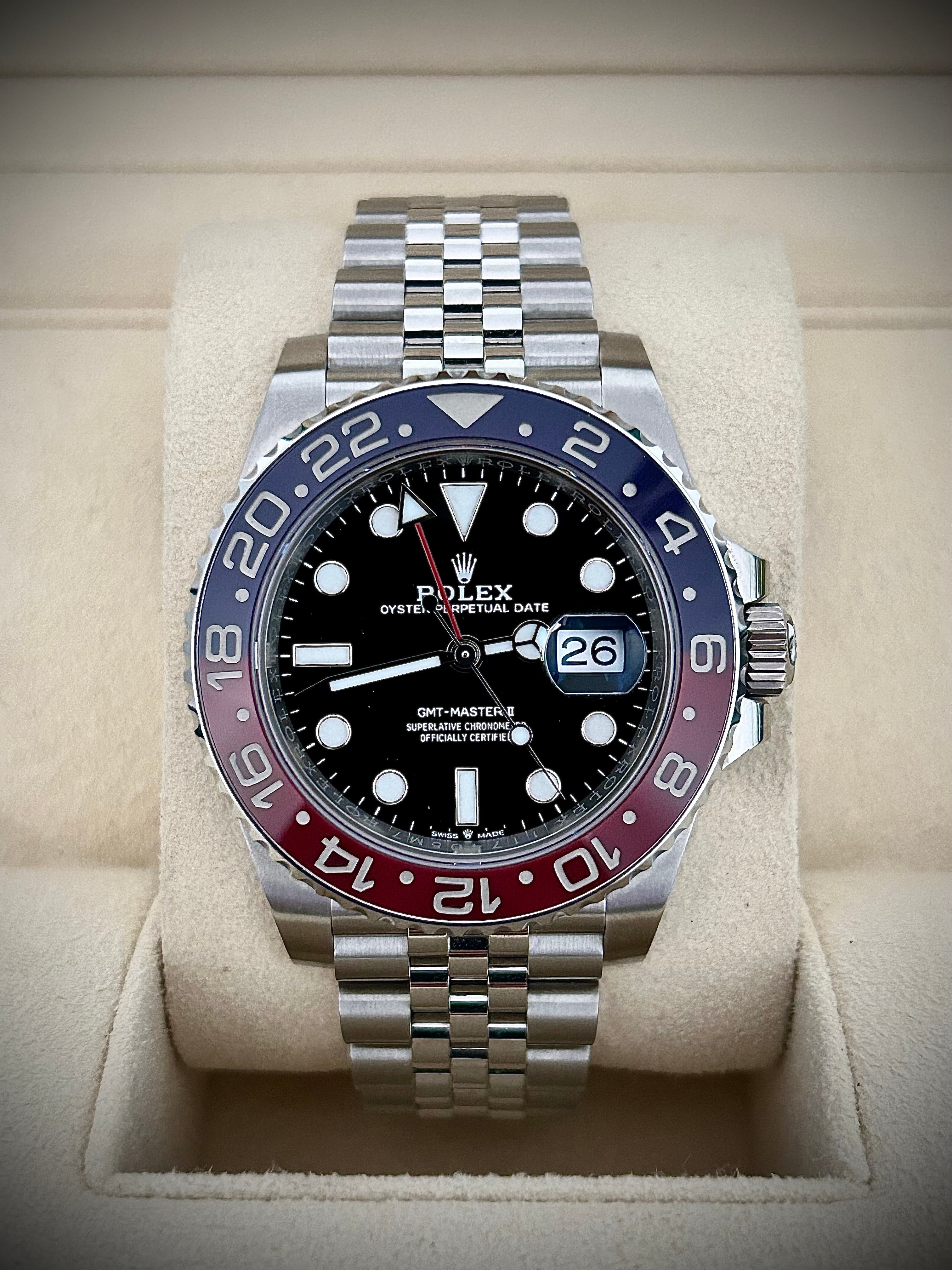 2024 ROLEX GMT MASTER II, PEPSI, 126710BLRO, FULL SET, INC GST