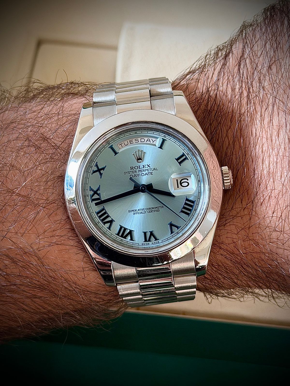 2014 ROLEX DAY-DATE II, 218206, PLATINUM, BLUE ROMAN DIAL, BOX & PAPERS, EXCELLENT CONDITION, INC GST