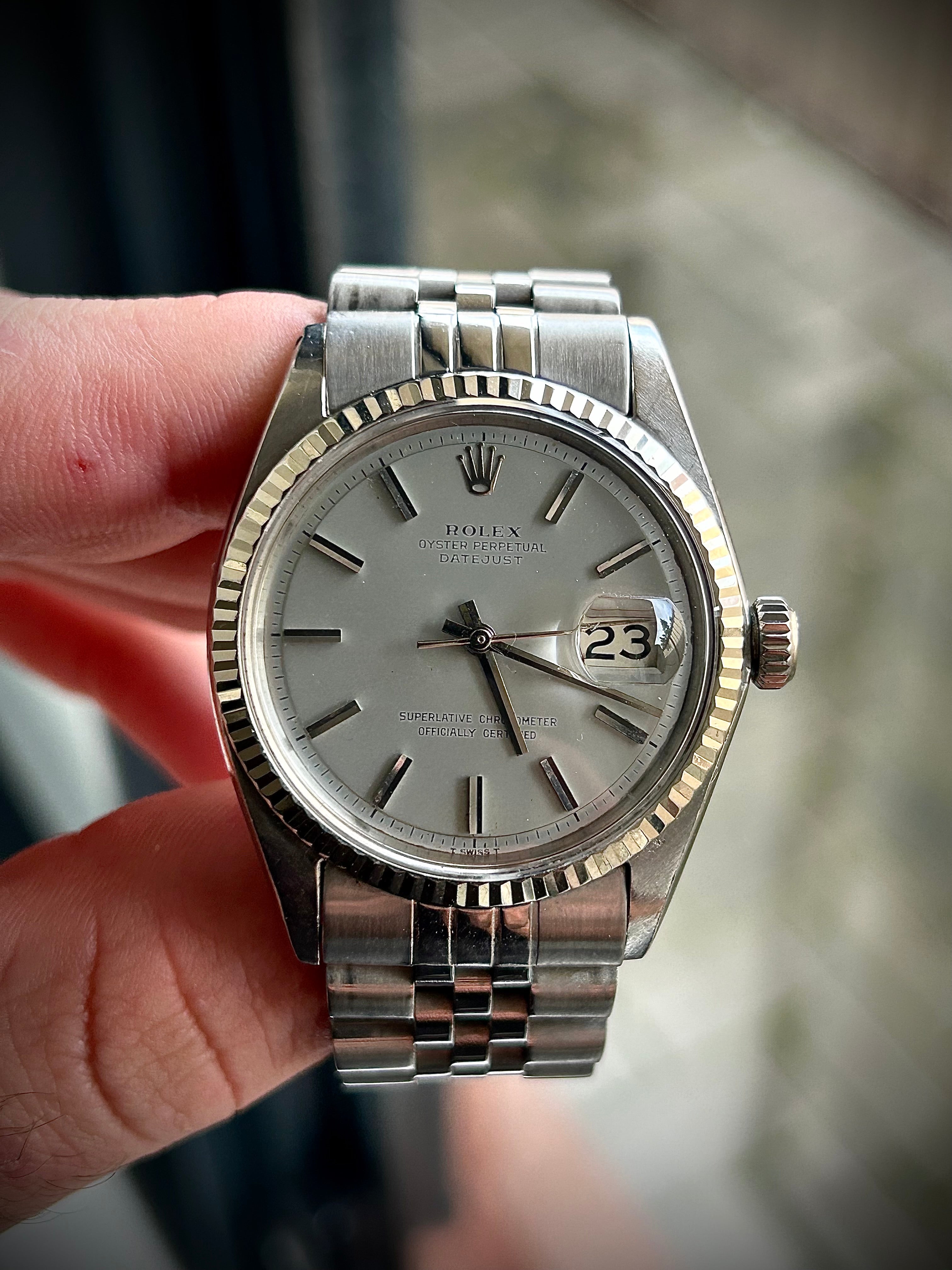 1970s ROLEX DATEJUST 36 “No Lume Pie Pan”, 1601, WATCH AND BOX