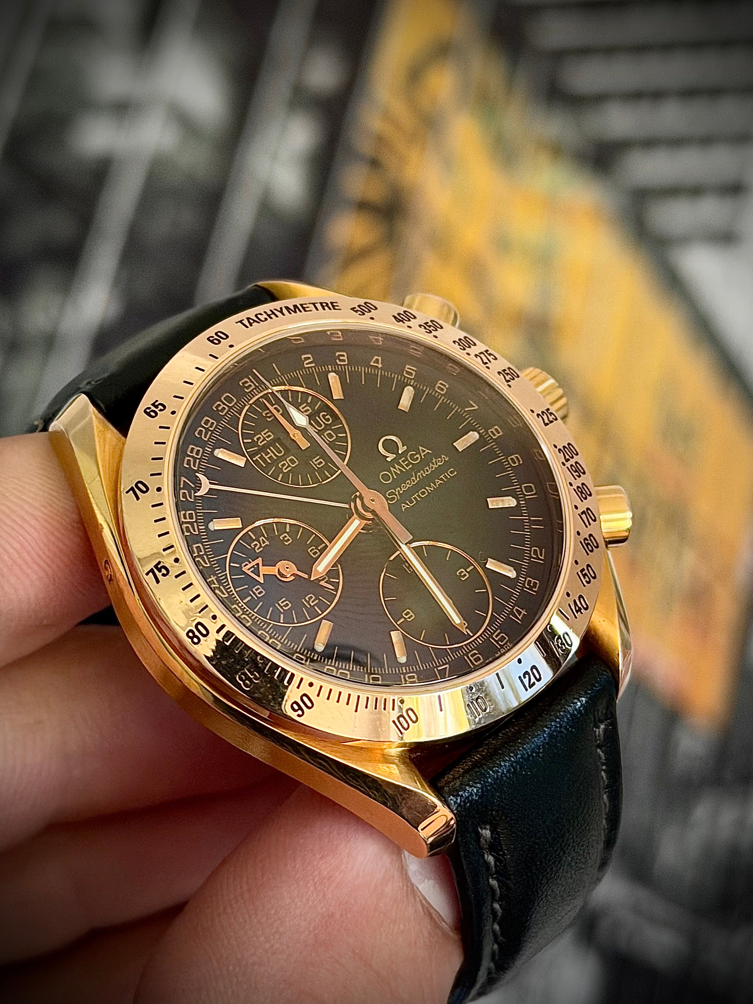 1999 OMEGA SPEEDMASTER DAY-DATE, 3623.50.01, 18CT ROSE GOLD, FULL SET, INC GST