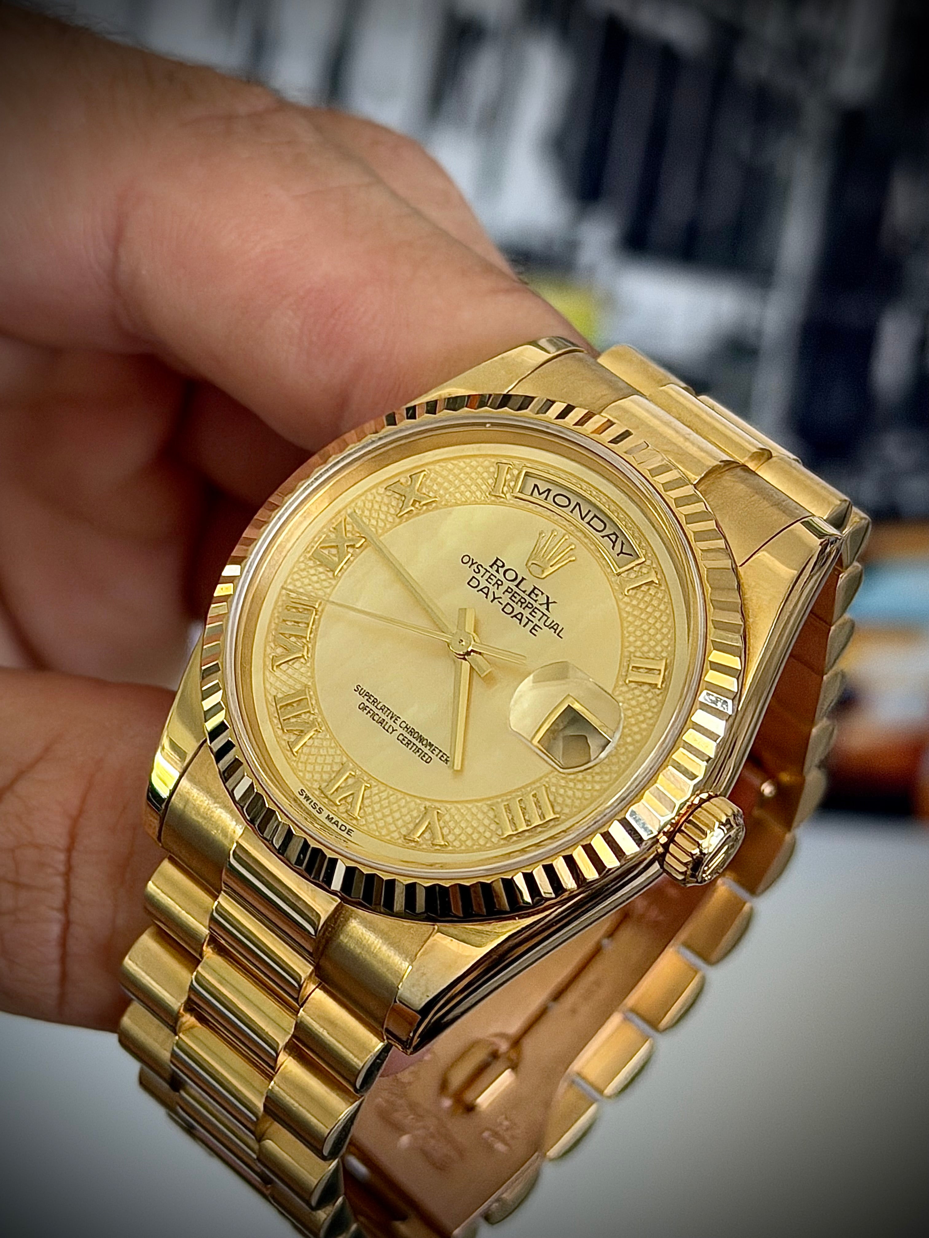 2001 ROLEX DAY-DATE PRESIDENT, 118238, FACTORY SECTOR MOTHER OF PEARL DIAL, BOX AND BOOKLETS W/ORIGINAL RECEIPT, INC GST