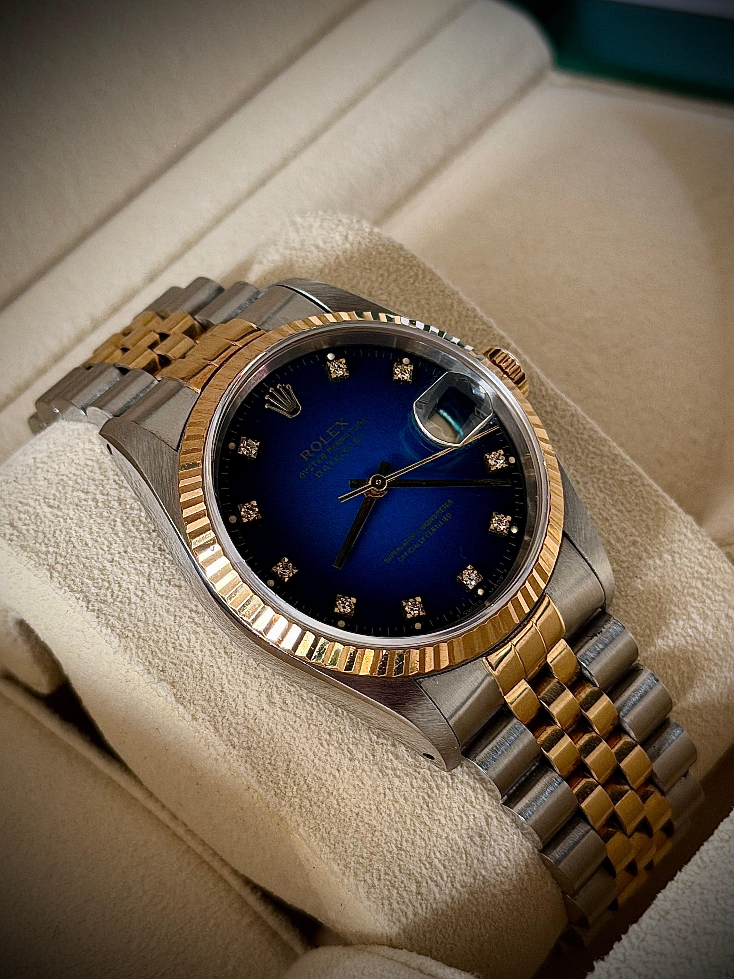 1991 ROLEX DATEJUST 36, TWO TONE, BLUE VIGNETTE DIAMOND DIAL, 16233, WATCH ONLY, INC GST