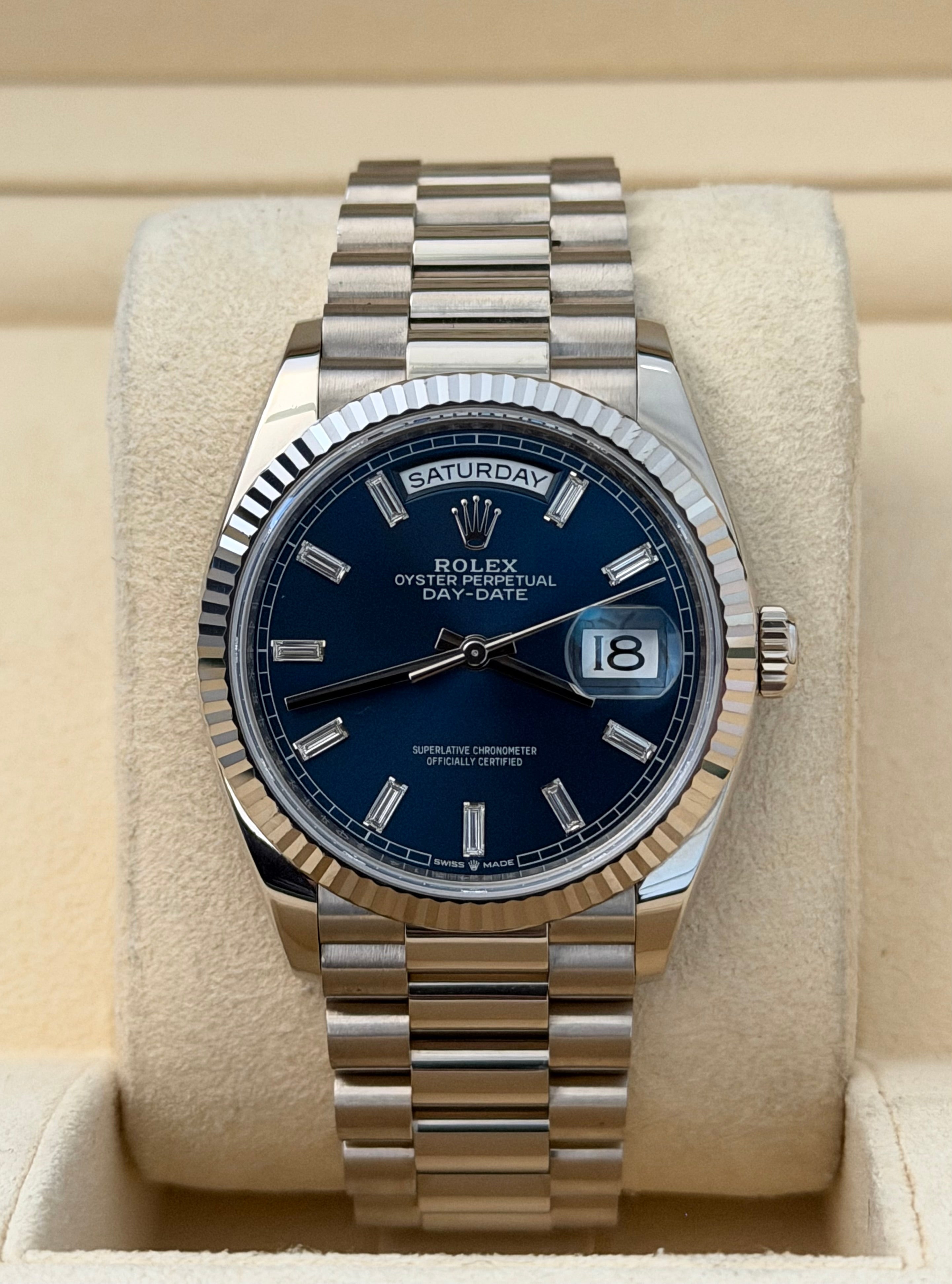 2024 ROLEX DAY-DATE 36, 128239, BLUE BAGUETTE DIAMOND DIAL, FULL SET, INC GST