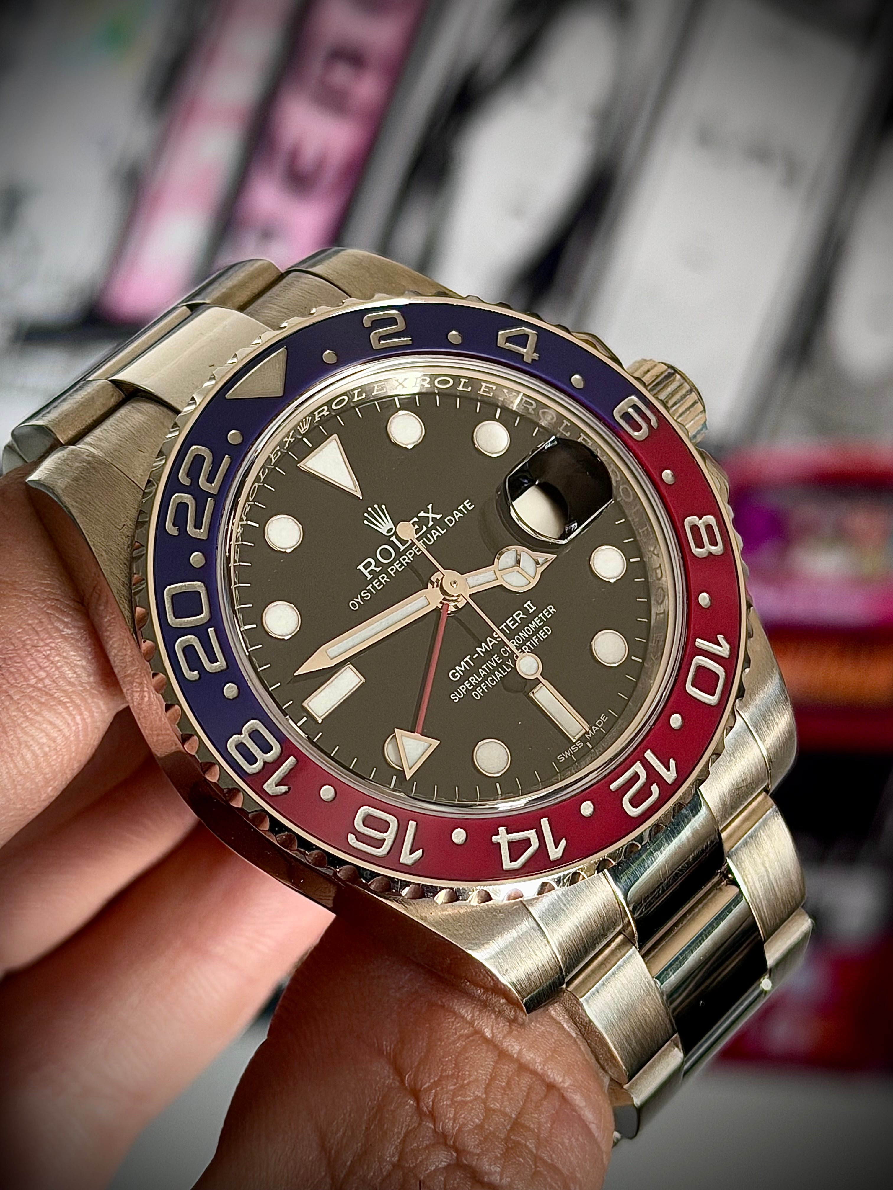 2015 ROLEX GMT MASTER II, PEPSI, WHITE GOLD, BLACK DIAL, 116719BLRO, BOX AND PAPERS, INC GST