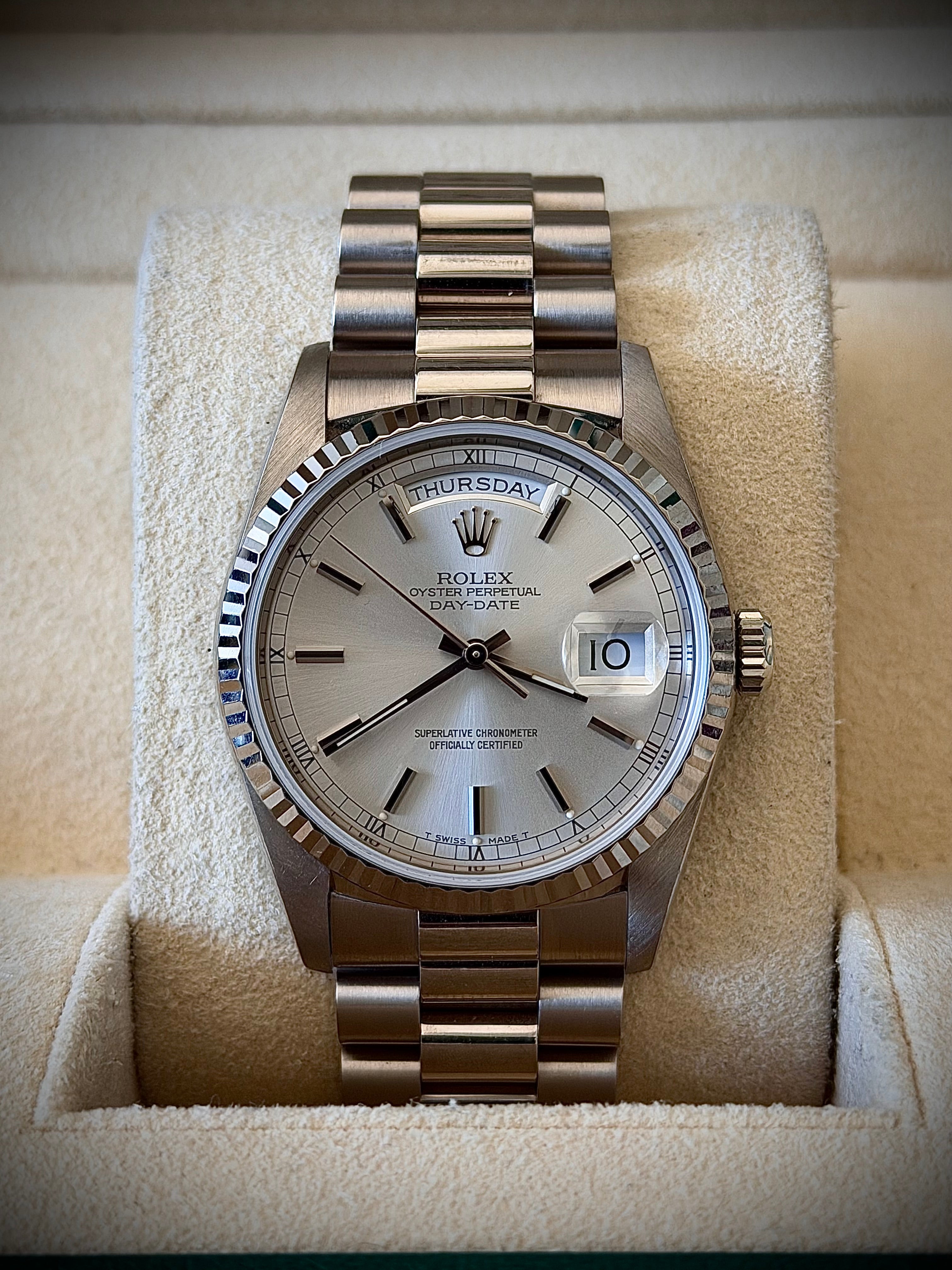 1994 ROLEX DAY-DATE 36, WHITE GOLD, 18239, BOX AND PAPERS, WITH RSC, INC GST