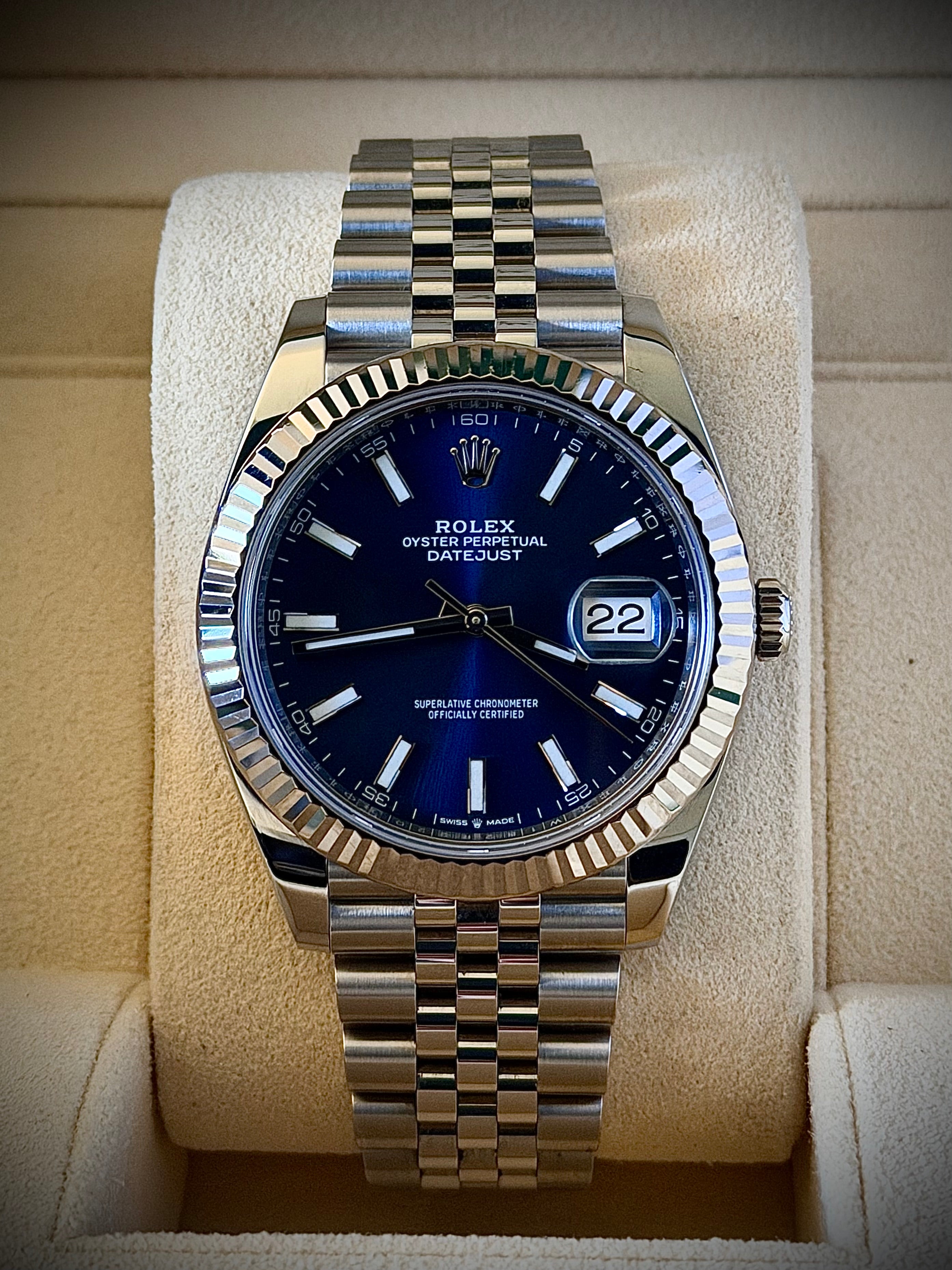 2019 ROLEX DATEJUST 41, BLUE DIAL, FLUTED BEZEL, JUBILEE BRACELET, ORIGINAL INVOICE, 2025 RSC SERVICE, FULL SET, INC GST
