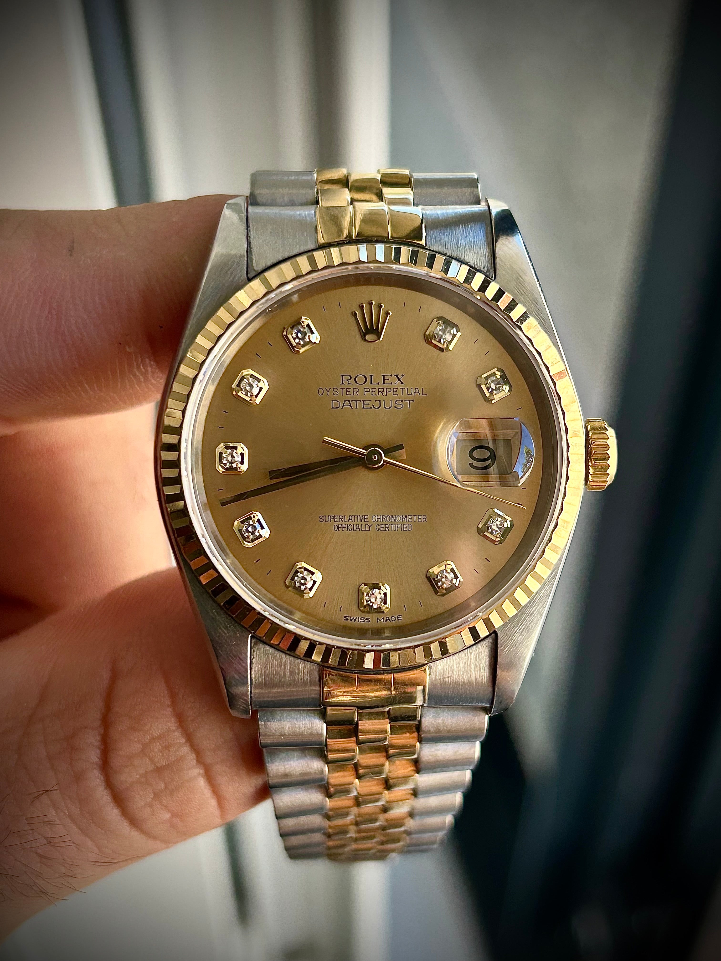 1991 ROLEX DATEJUST 36, TWO TONE, DIAMOND DIAL, 16233, WATCH ONLY, INC GST