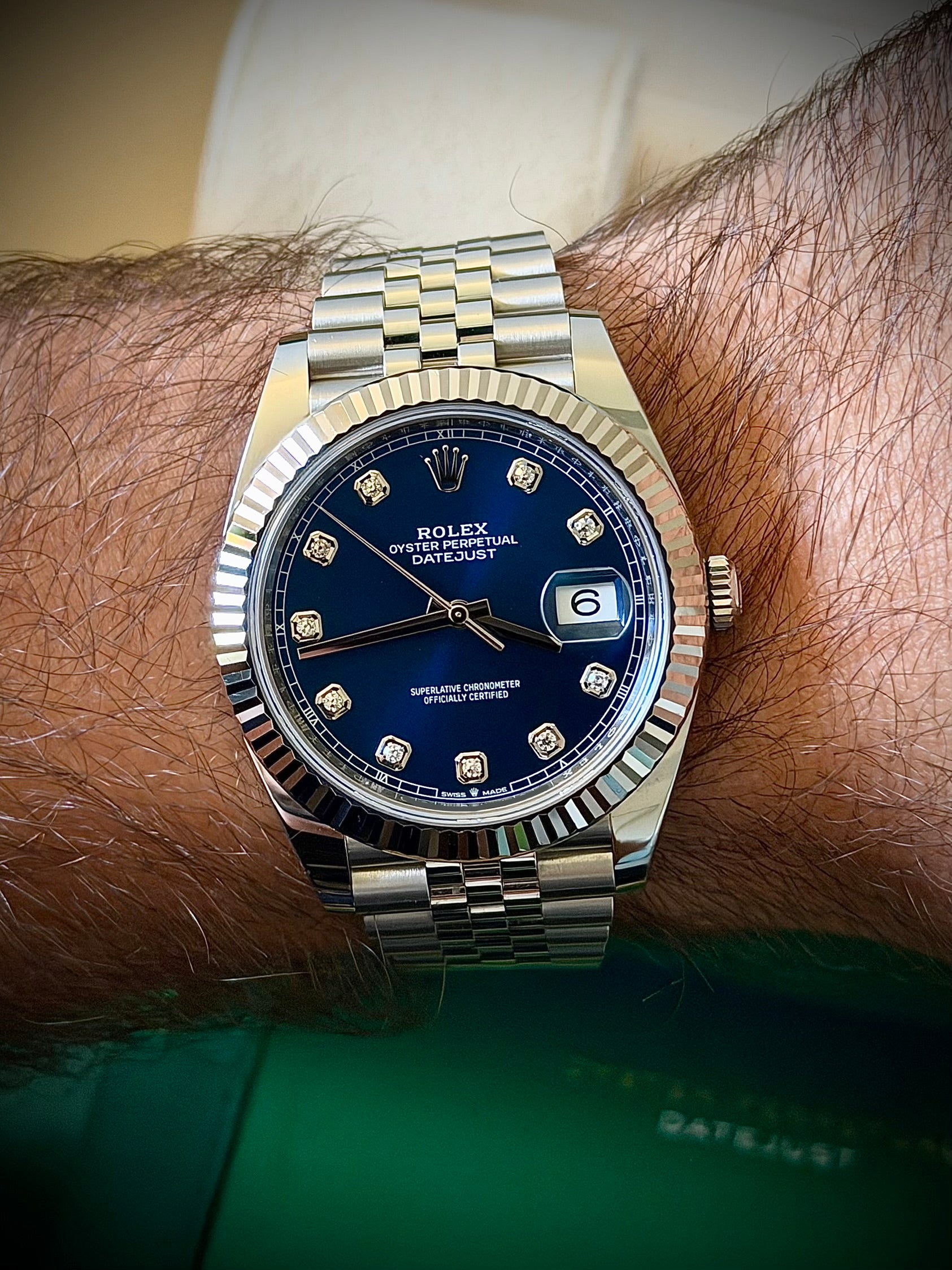 2023 ROLEX DATEJUST 41, FLUTED BEZEL, JUBILEE BRACELET, BLUE DIAMOND DIAL, FULL SET, INC GST